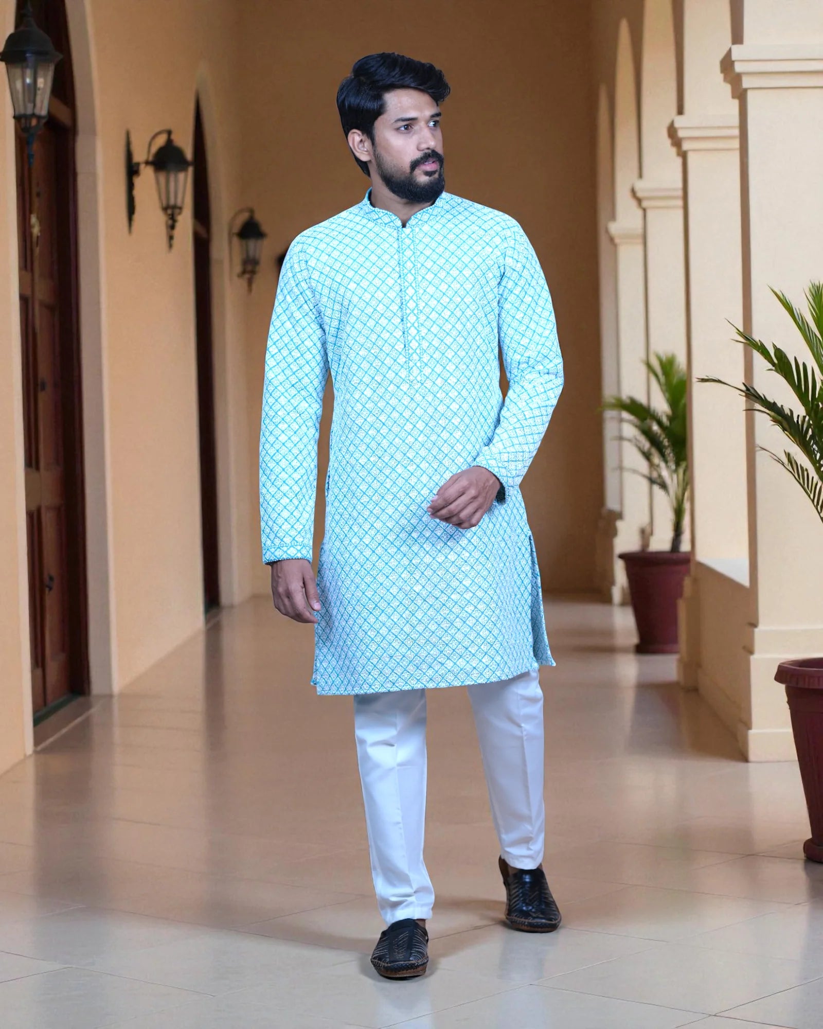Cotton Blend Sequin Embroidered Kurta Pajama