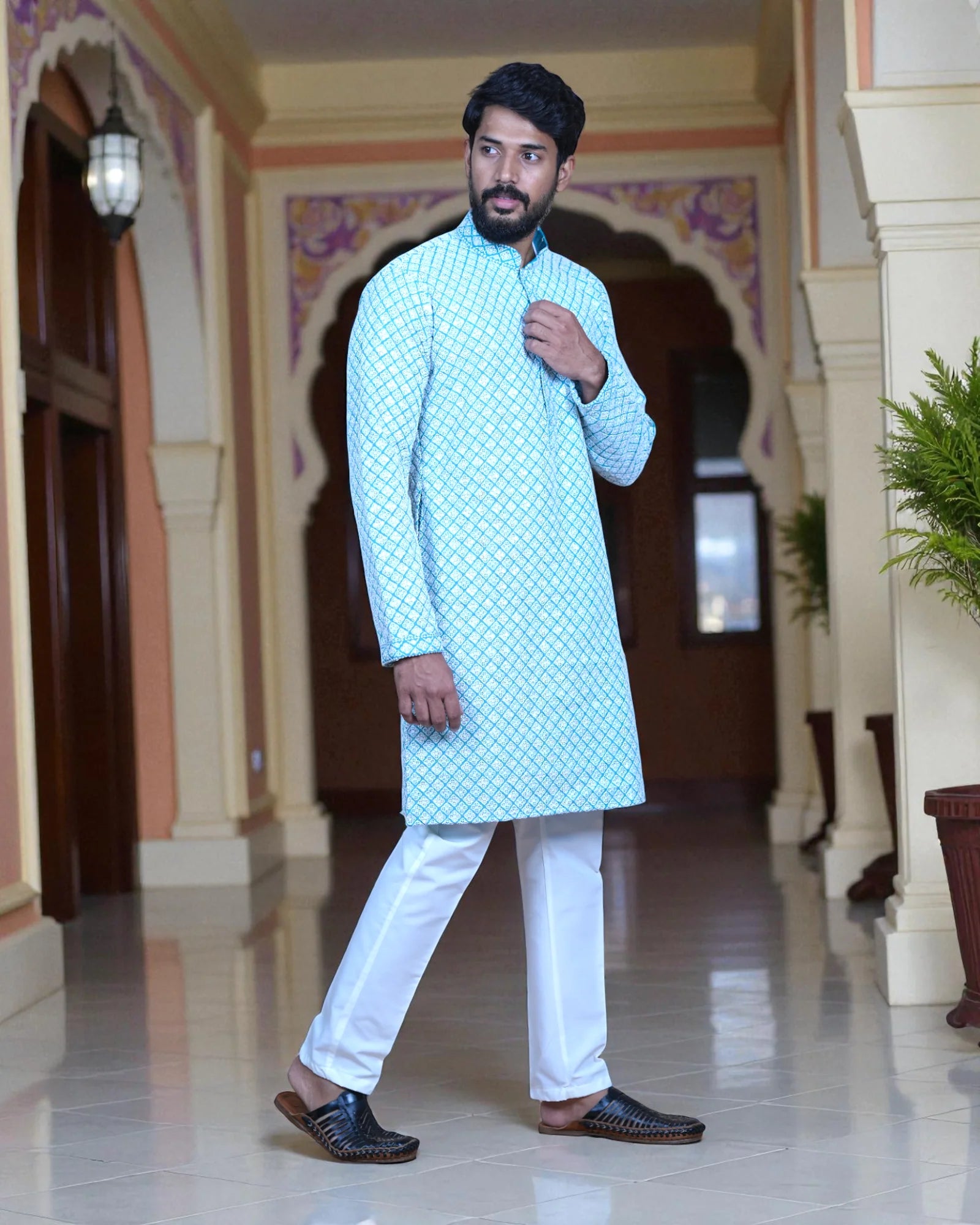 Cotton Blend Sequin Embroidered Kurta Pajama