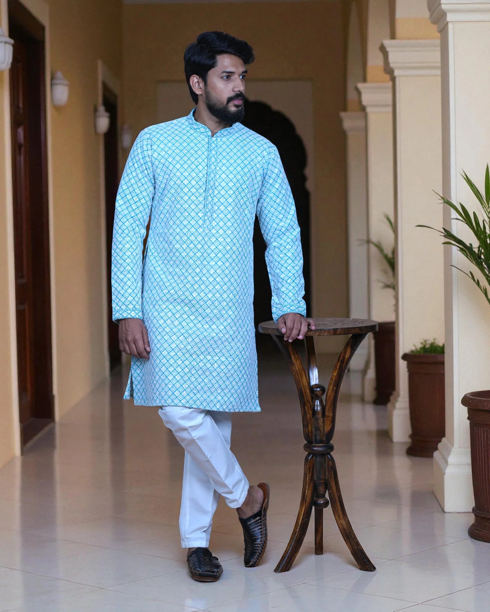 Cotton Blend Sequin Embroidered Kurta Pajama