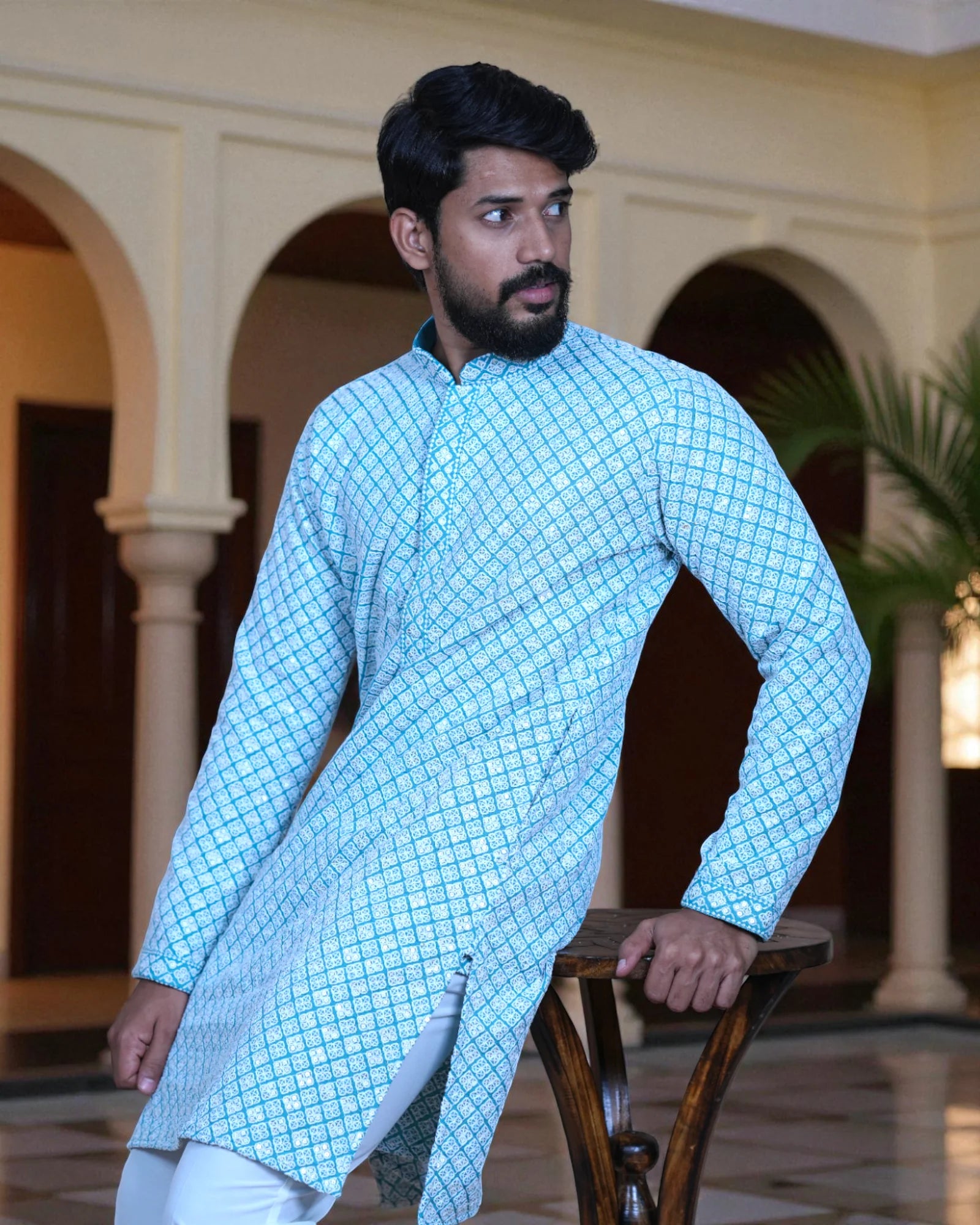 Cotton Blend Sequin Embroidered Kurta Pajama