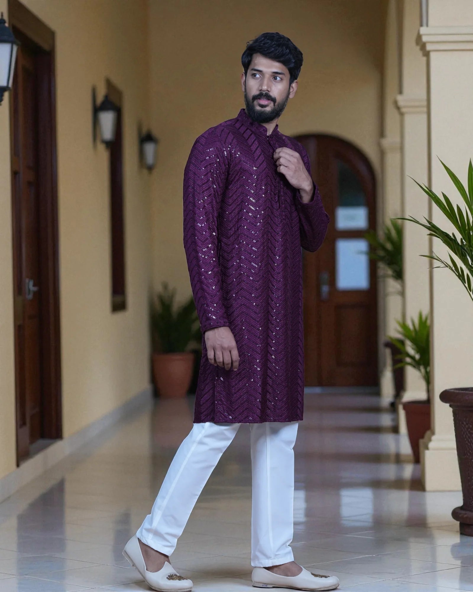 Cotton Blend Kurta Pajama with Embroidery