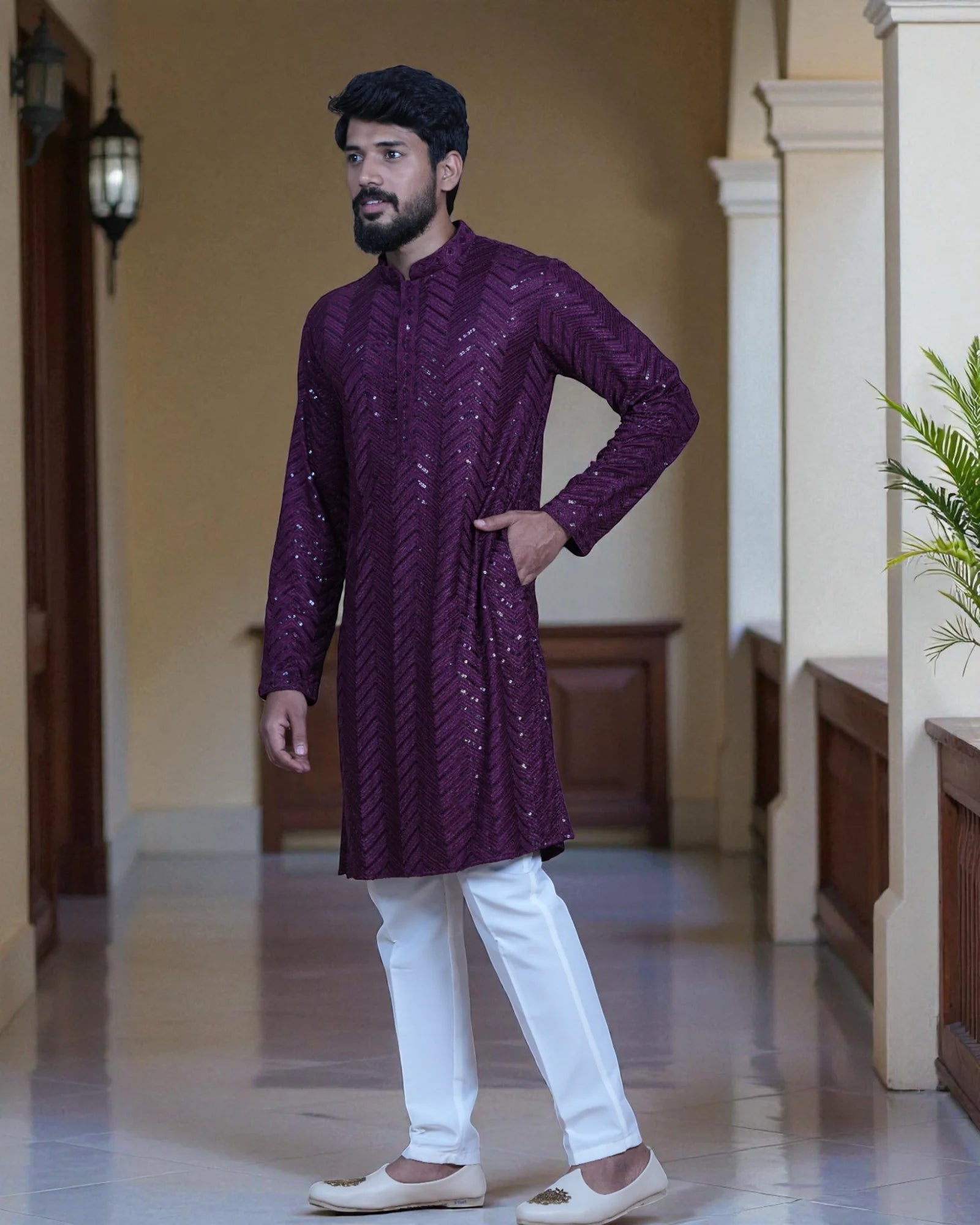 Cotton Blend Kurta Pajama with Embroidery