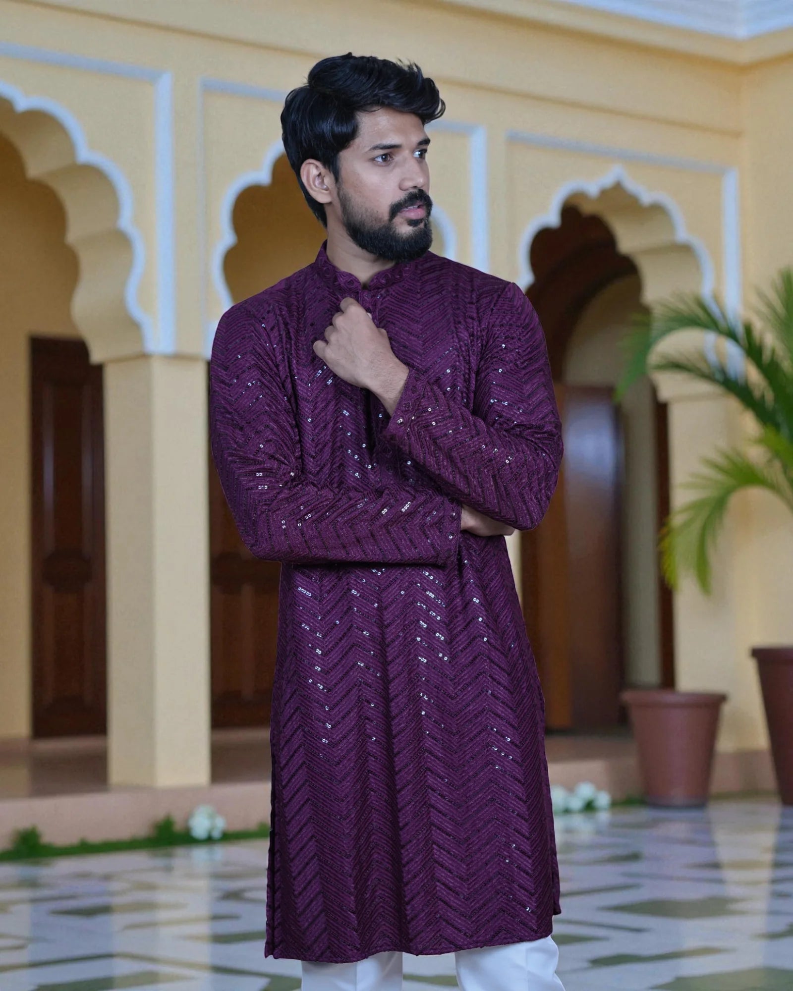 Cotton Blend Kurta Pajama with Embroidery