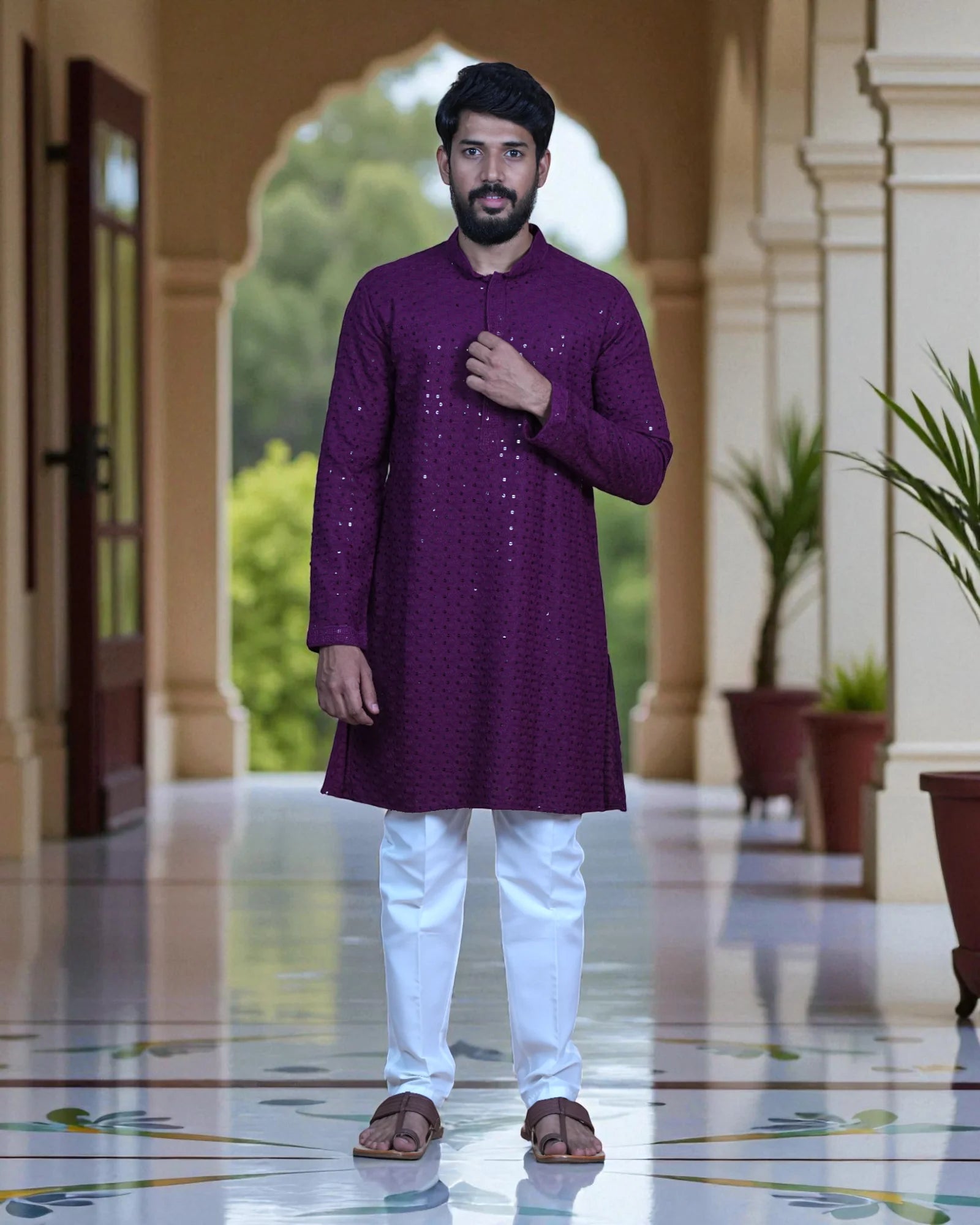 Cotton Blend Sequin Embroidered Kurta Pajama Set