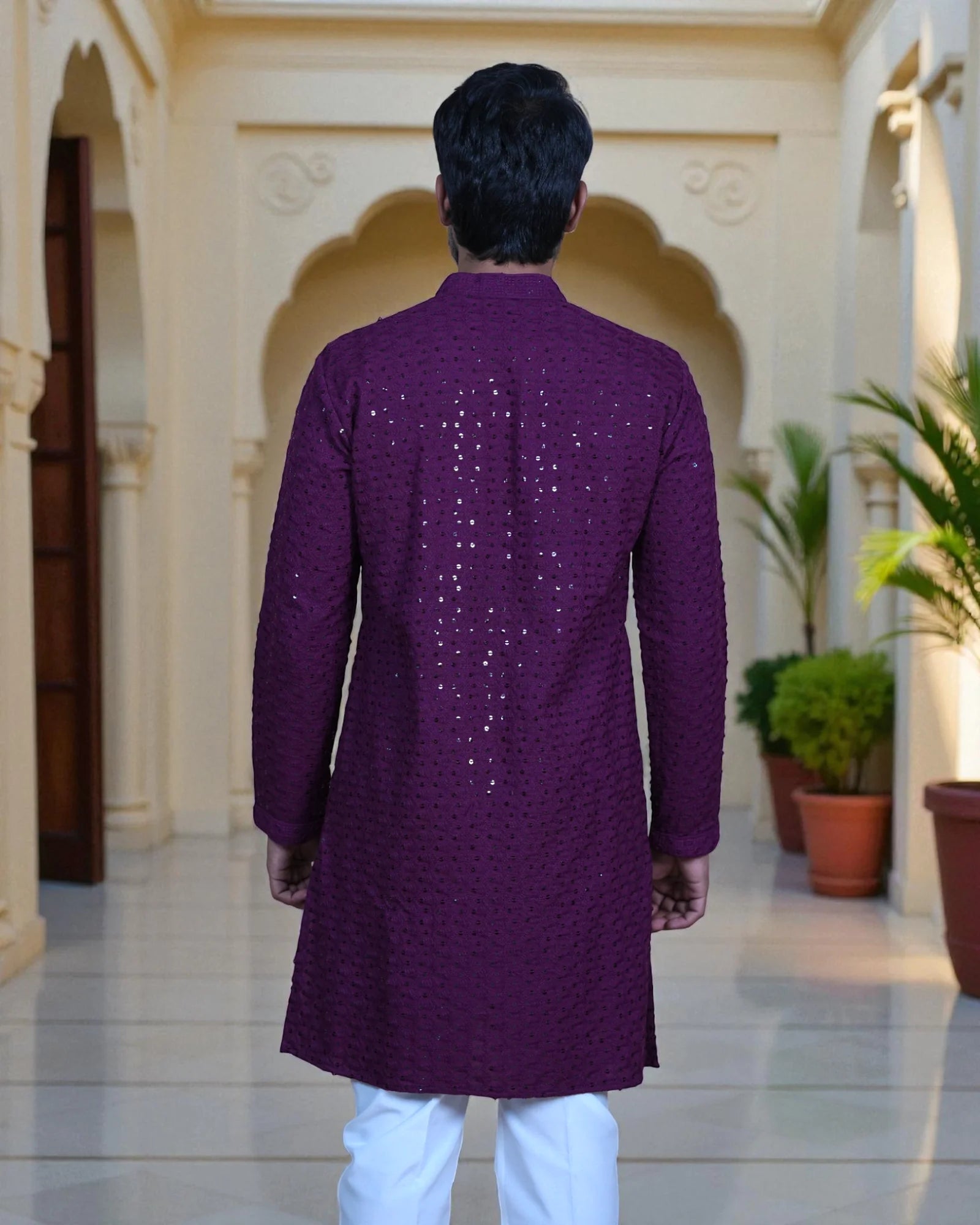Cotton Blend Sequin Embroidered Kurta Pajama Set