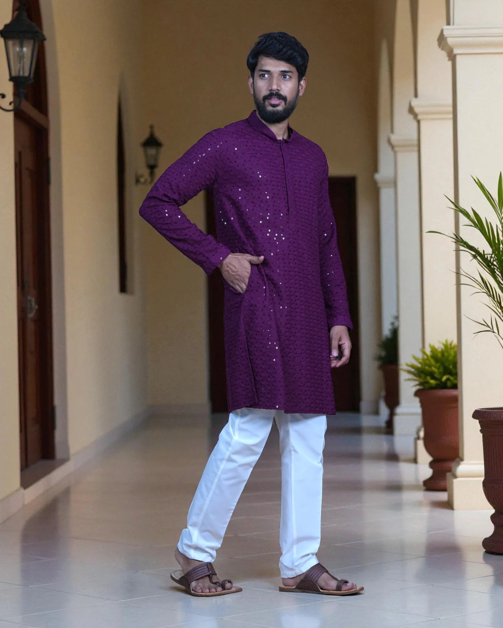 Cotton Blend Sequin Embroidered Kurta Pajama Set