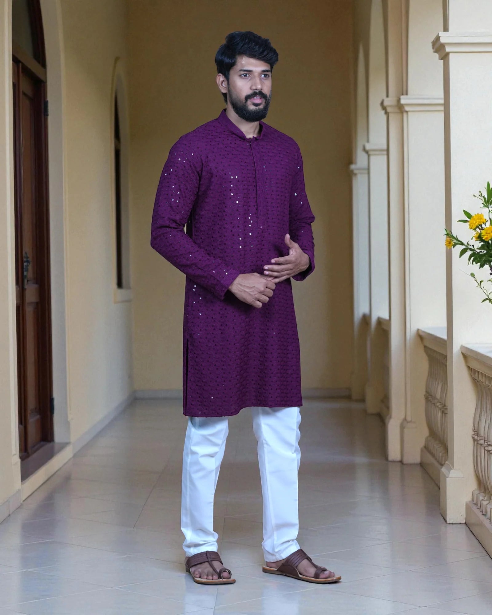 Cotton Blend Sequin Embroidered Kurta Pajama Set