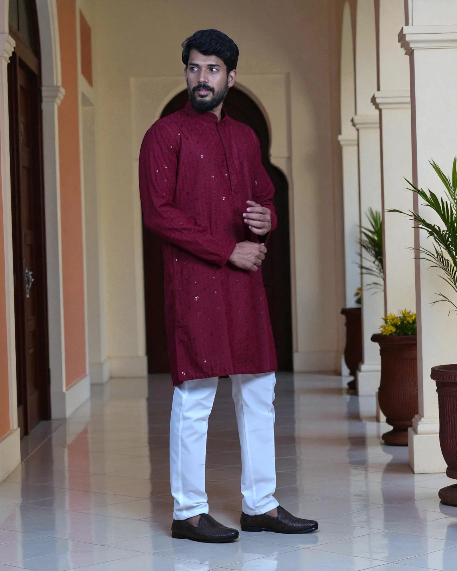 Sequin Embellished Cotton Kurta Pajama Set