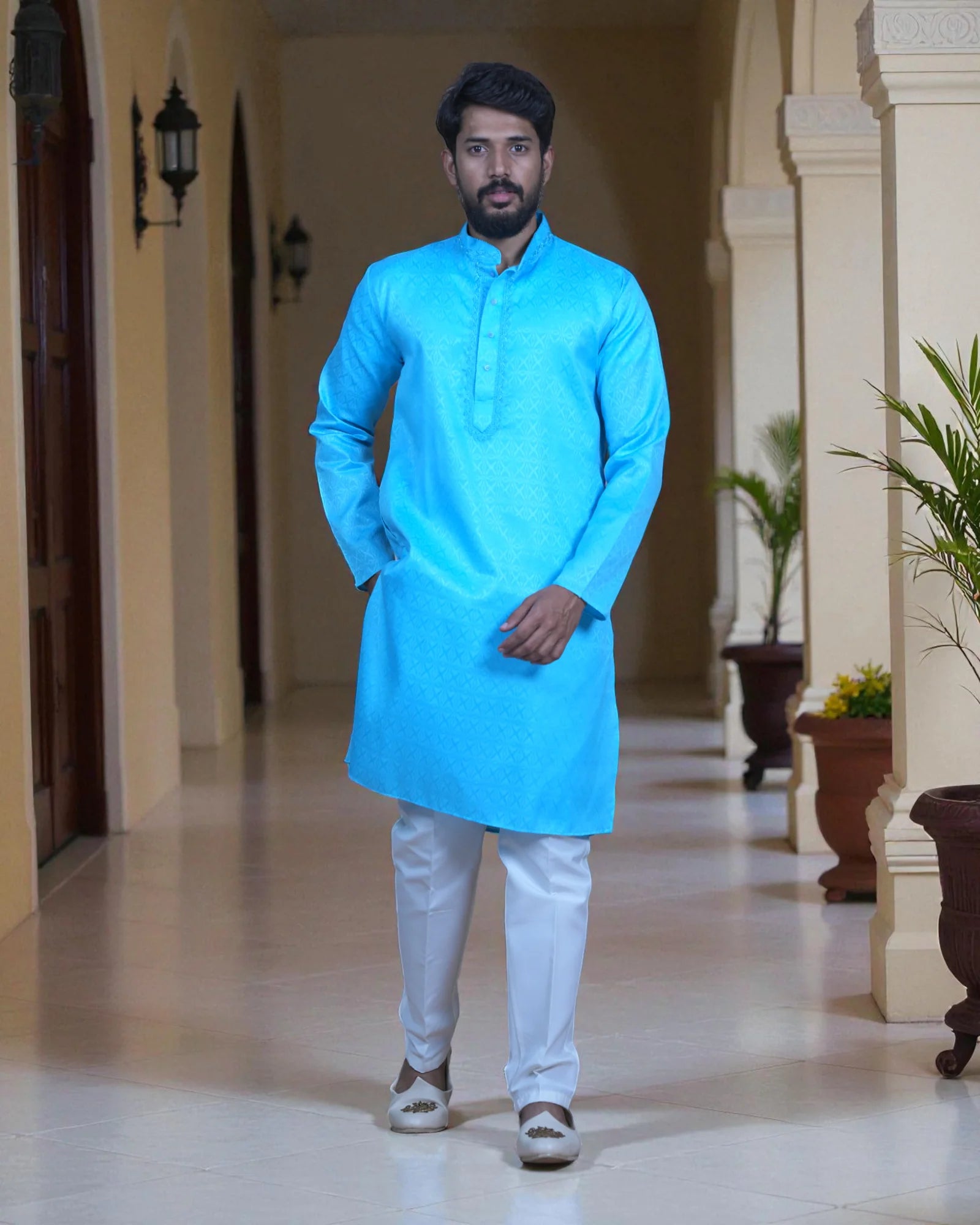 Cotton Blend Thread Embroidered Kurta Pajama Set