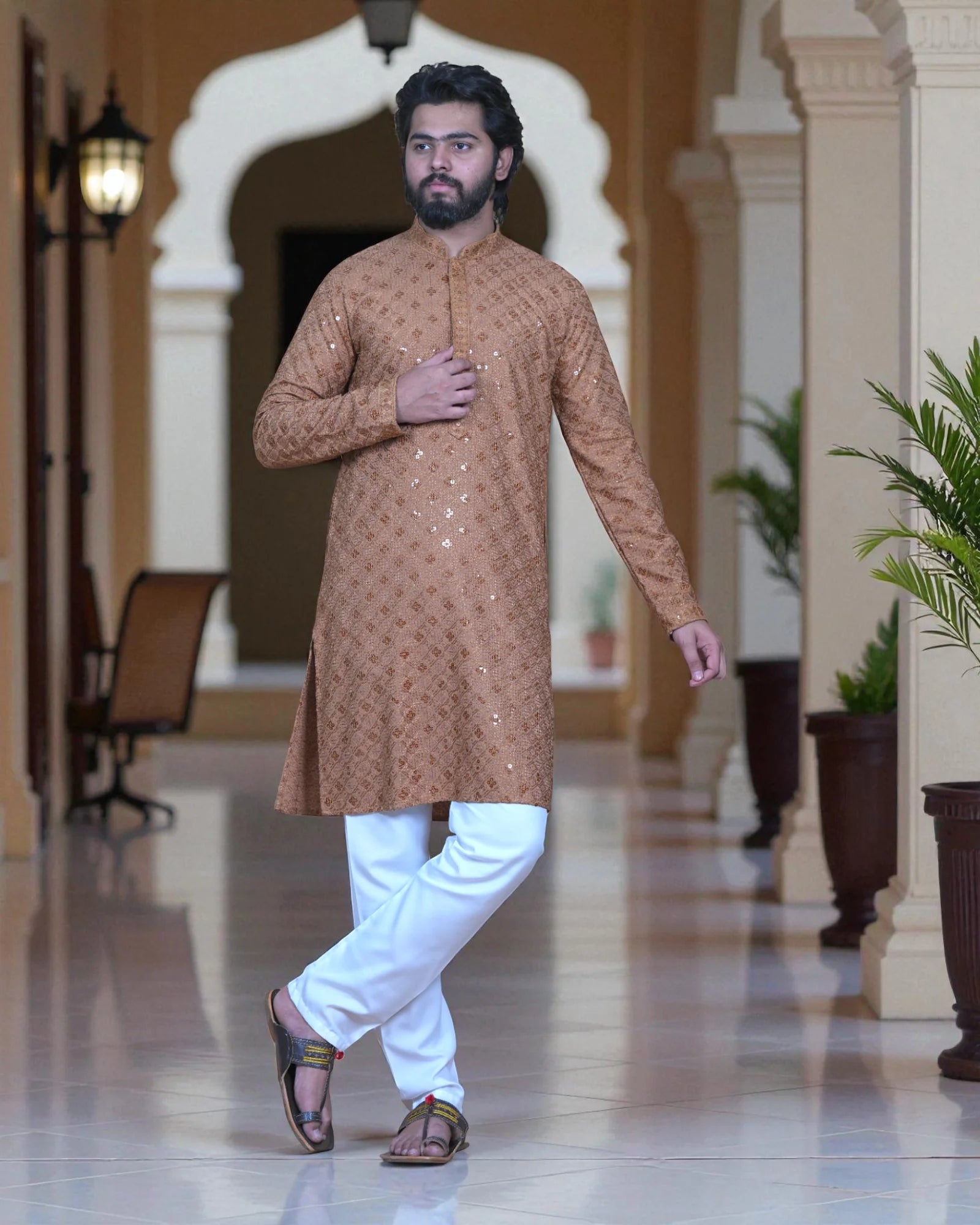 Block Print Sequin Embroidered Cotton Kurta Pajama