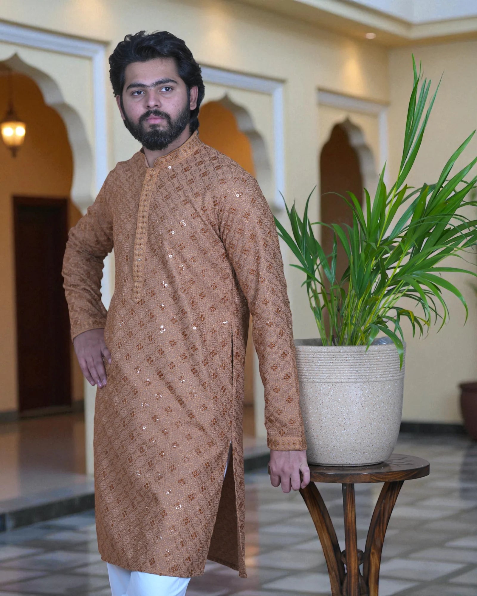 Block Print Sequin Embroidered Cotton Kurta Pajama