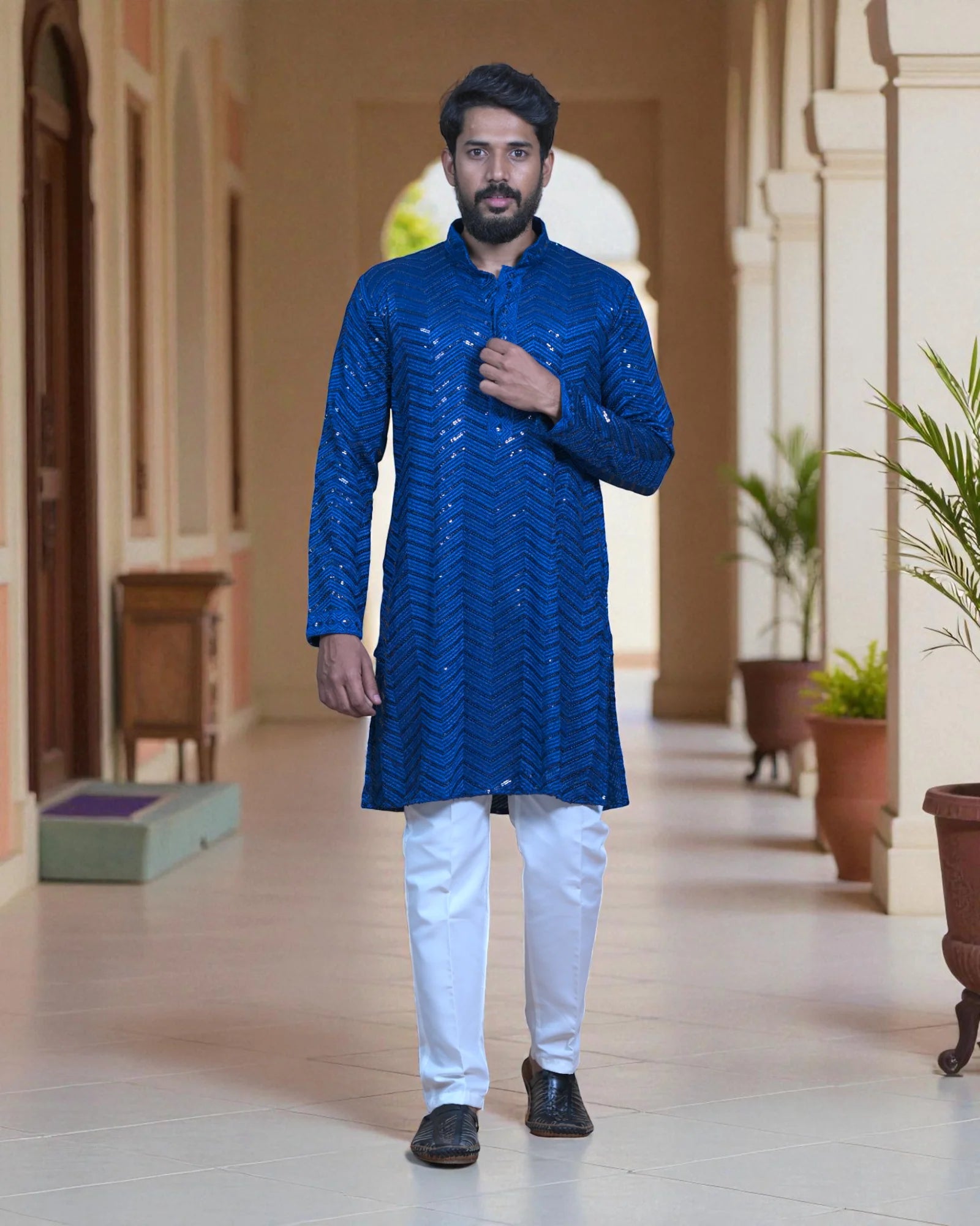 Cotton Blend Kurta Pajama with Embroidery