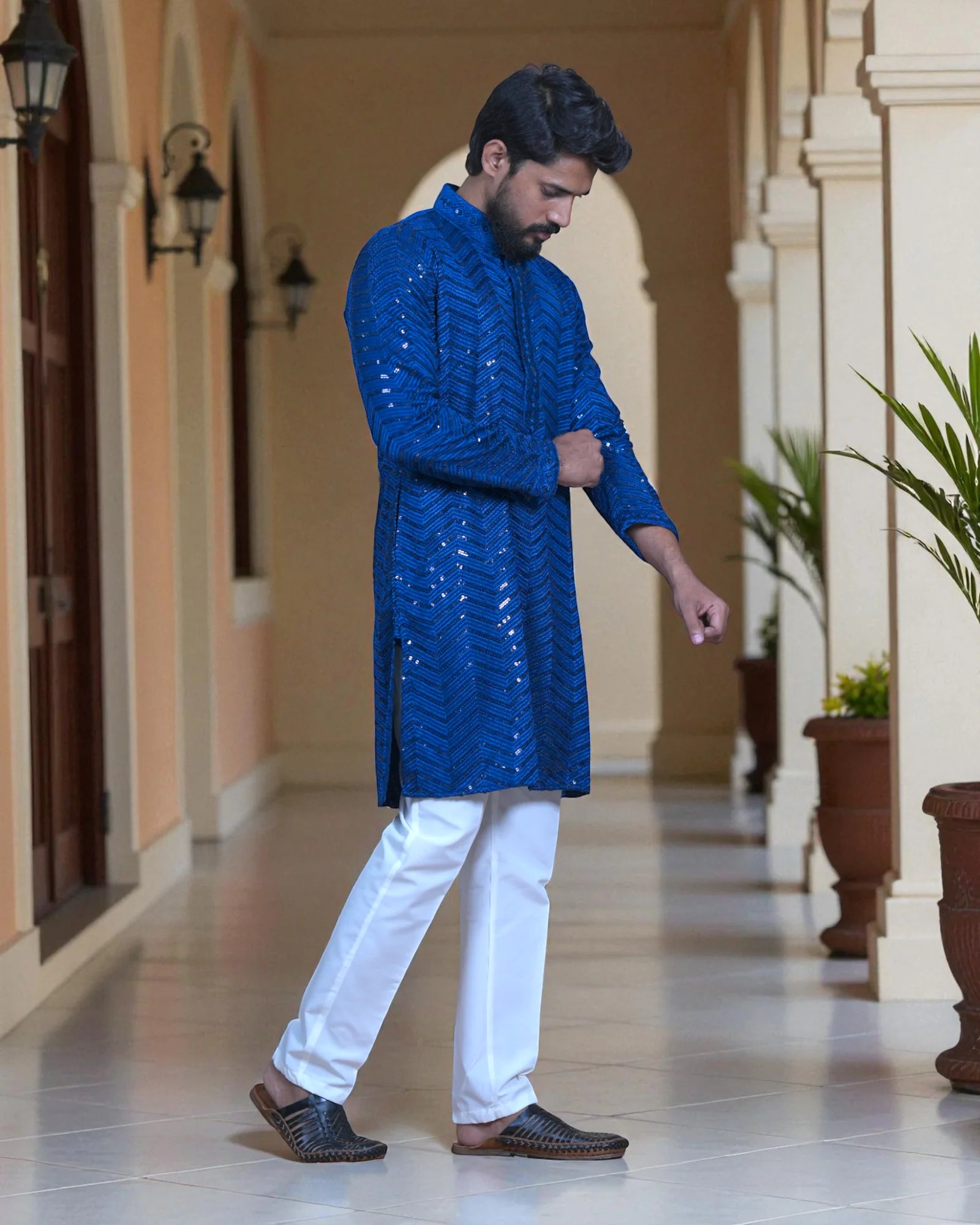 Cotton Blend Kurta Pajama with Embroidery