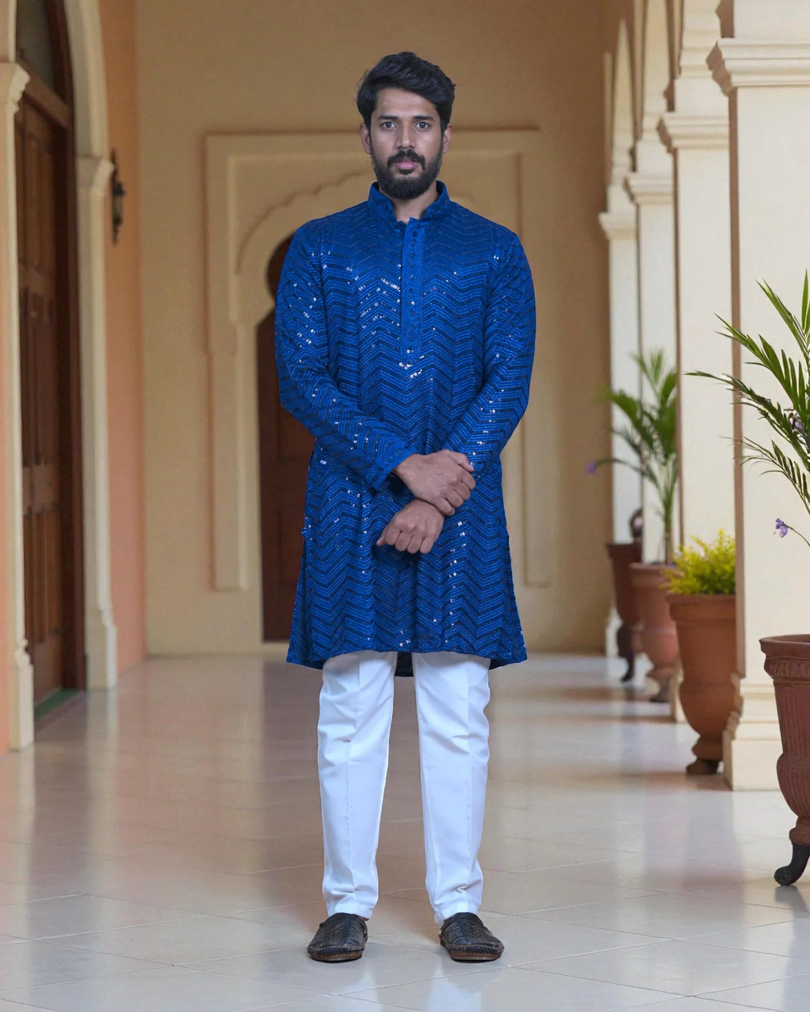 Cotton Blend Kurta Pajama with Embroidery