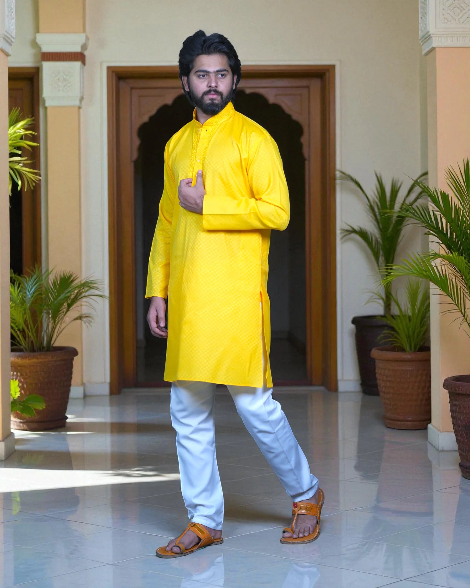 Men Textured Cotton Kurta Pajama Set
