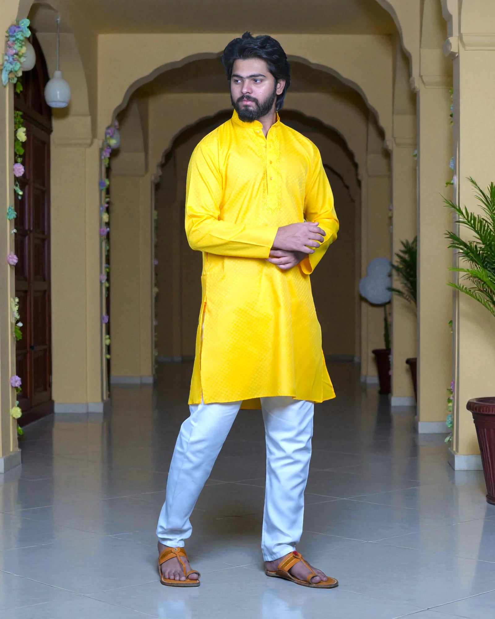 Men Textured Cotton Kurta Pajama Set