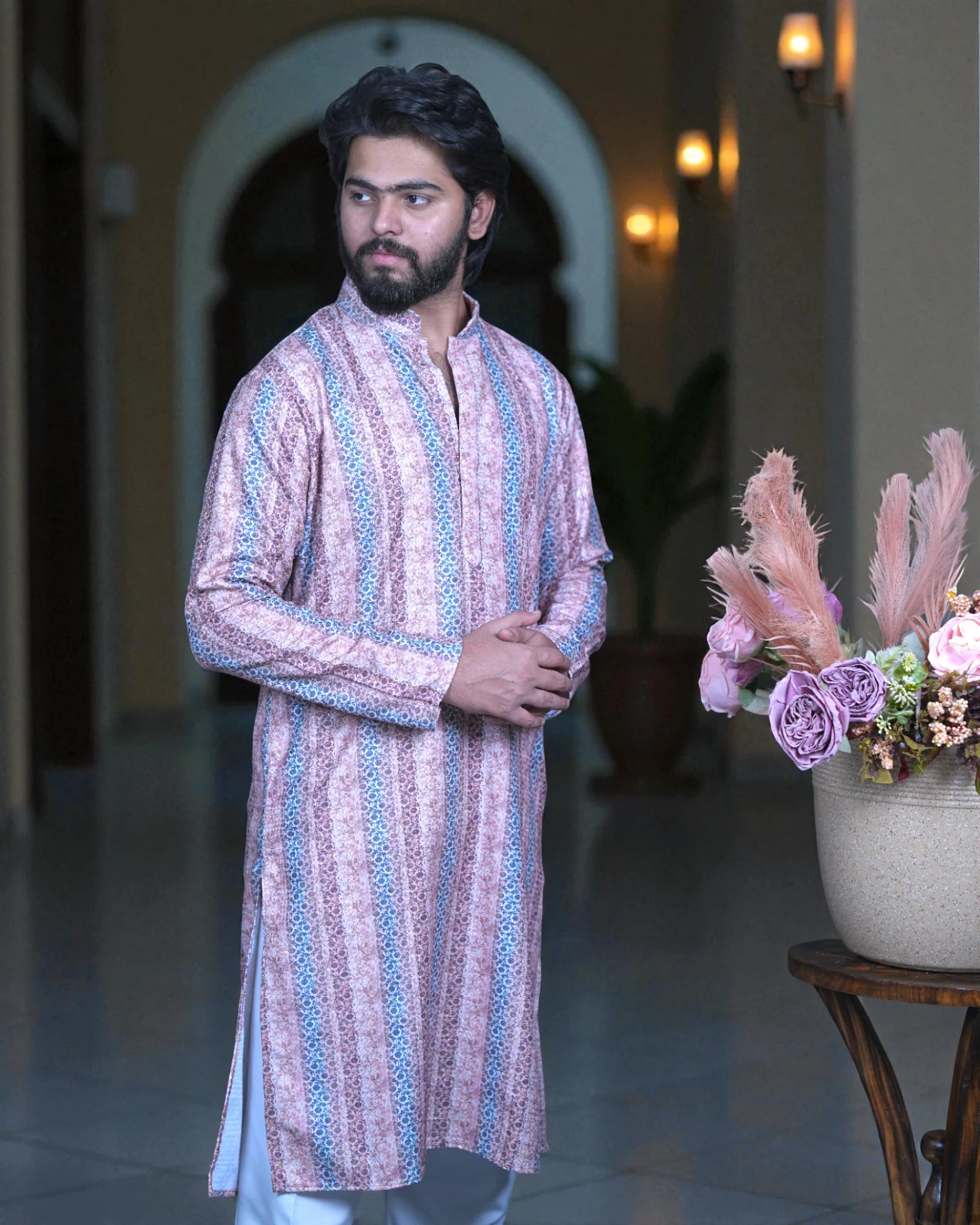 Floral Printed Cotton Sequins Kurta Pajama Set