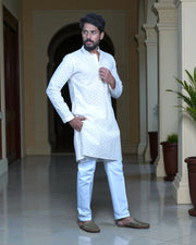 Cotton Blend Sequins Embroidered Kurta Pajama Set