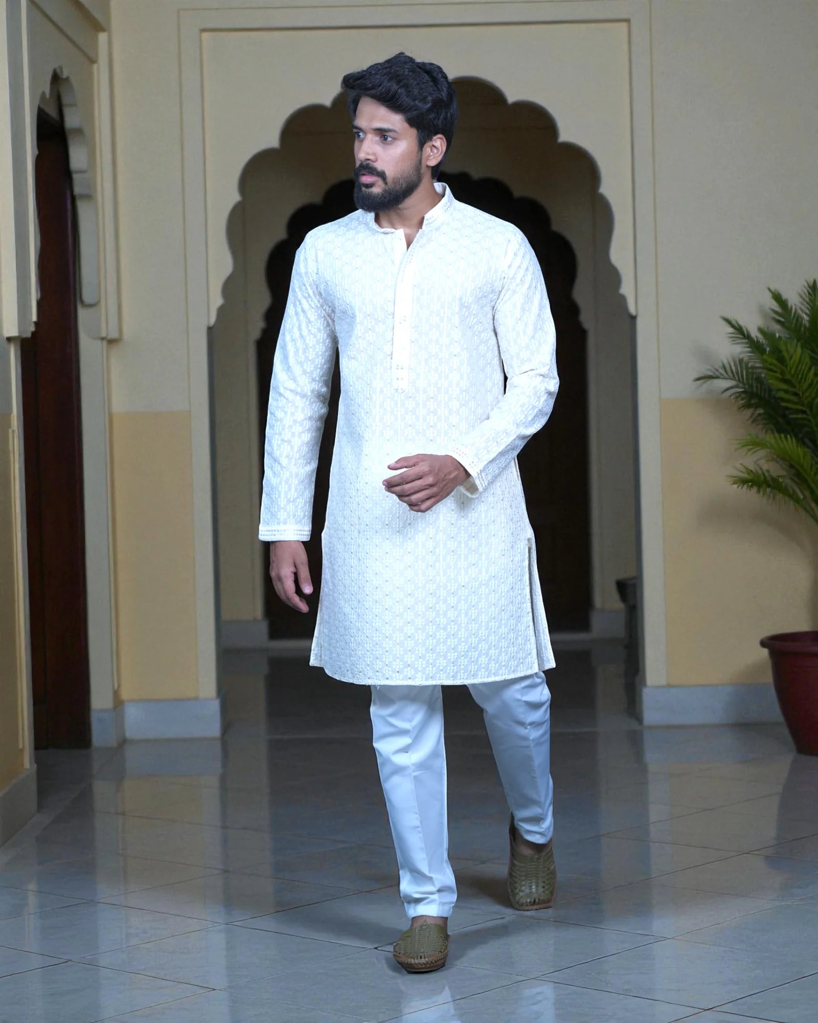 Cotton Blend Sequins Embroidered Kurta Pajama Set