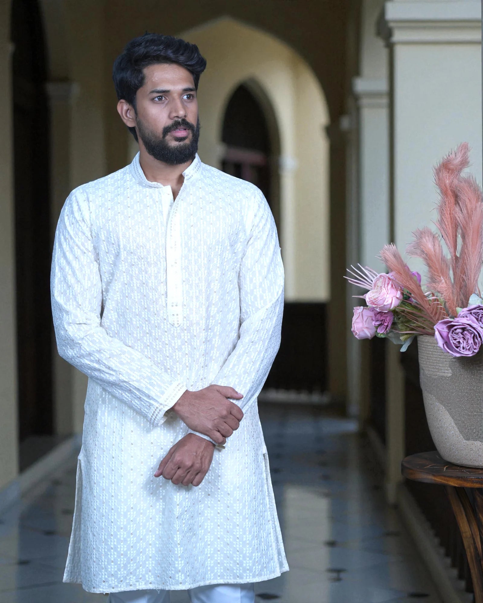 Cotton Blend Sequins Embroidered Kurta Pajama Set