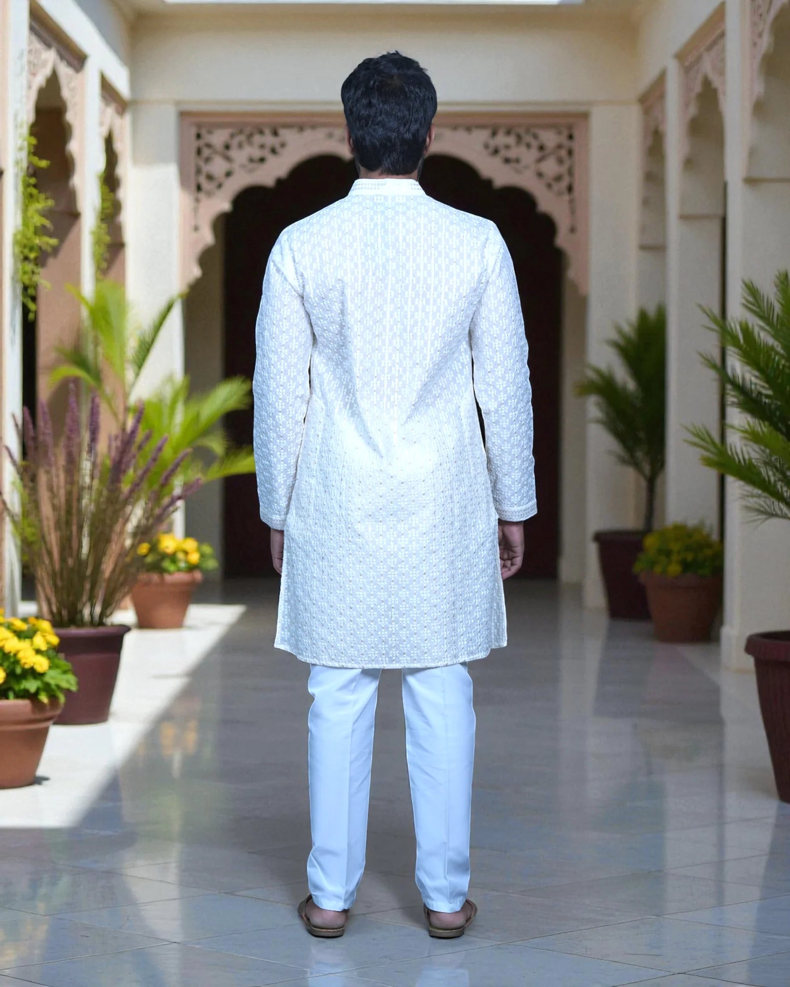 Cotton Blend Sequins Embroidered Kurta Pajama Set