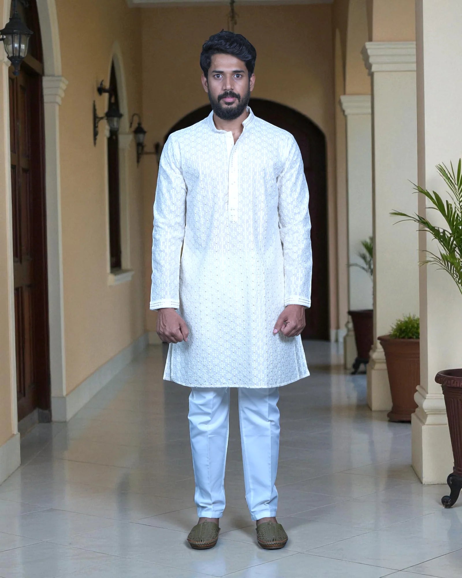Cotton Blend Sequins Embroidered Kurta Pajama Set