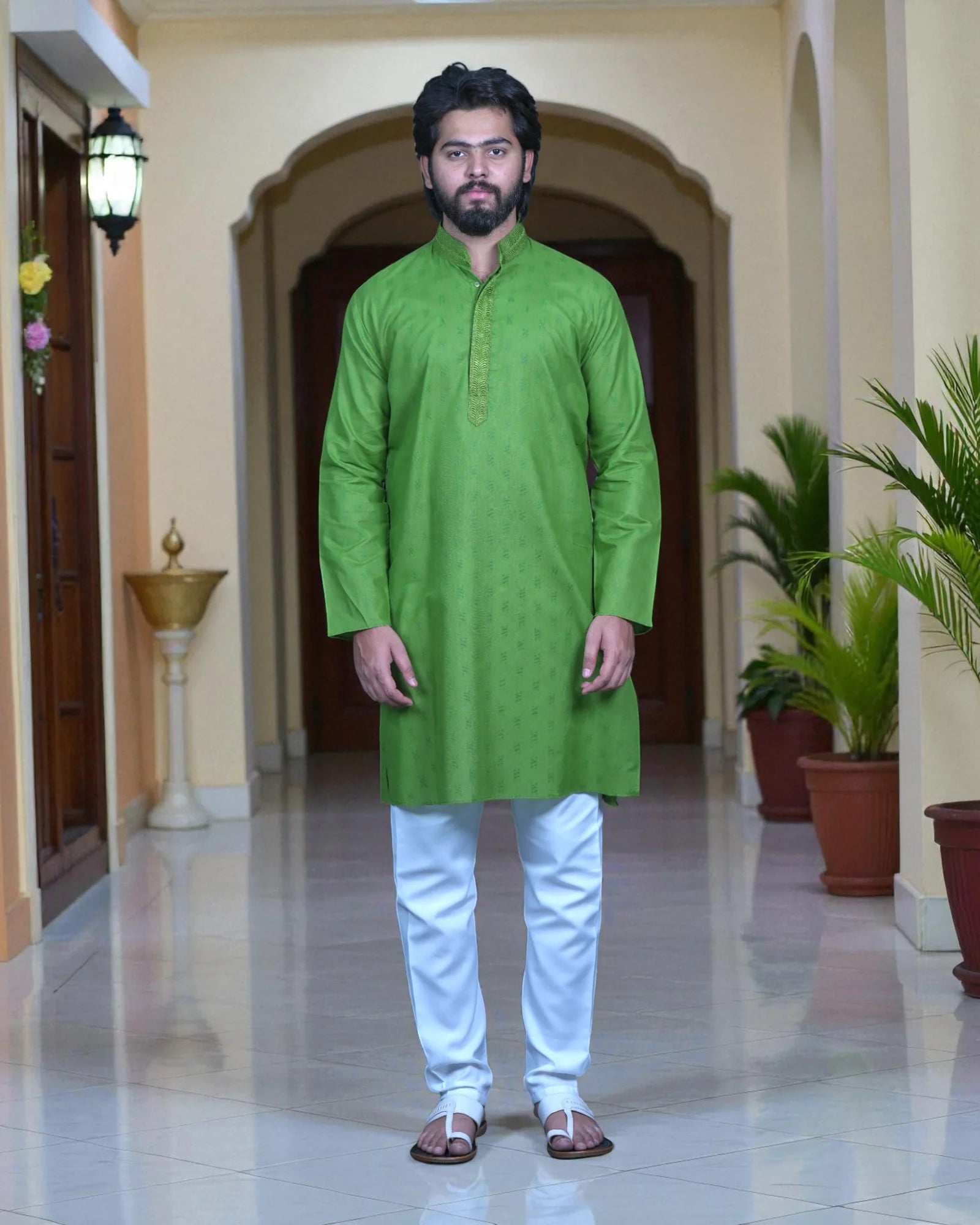 Cotton Thread Embroidered Men Kurta Pajama Set