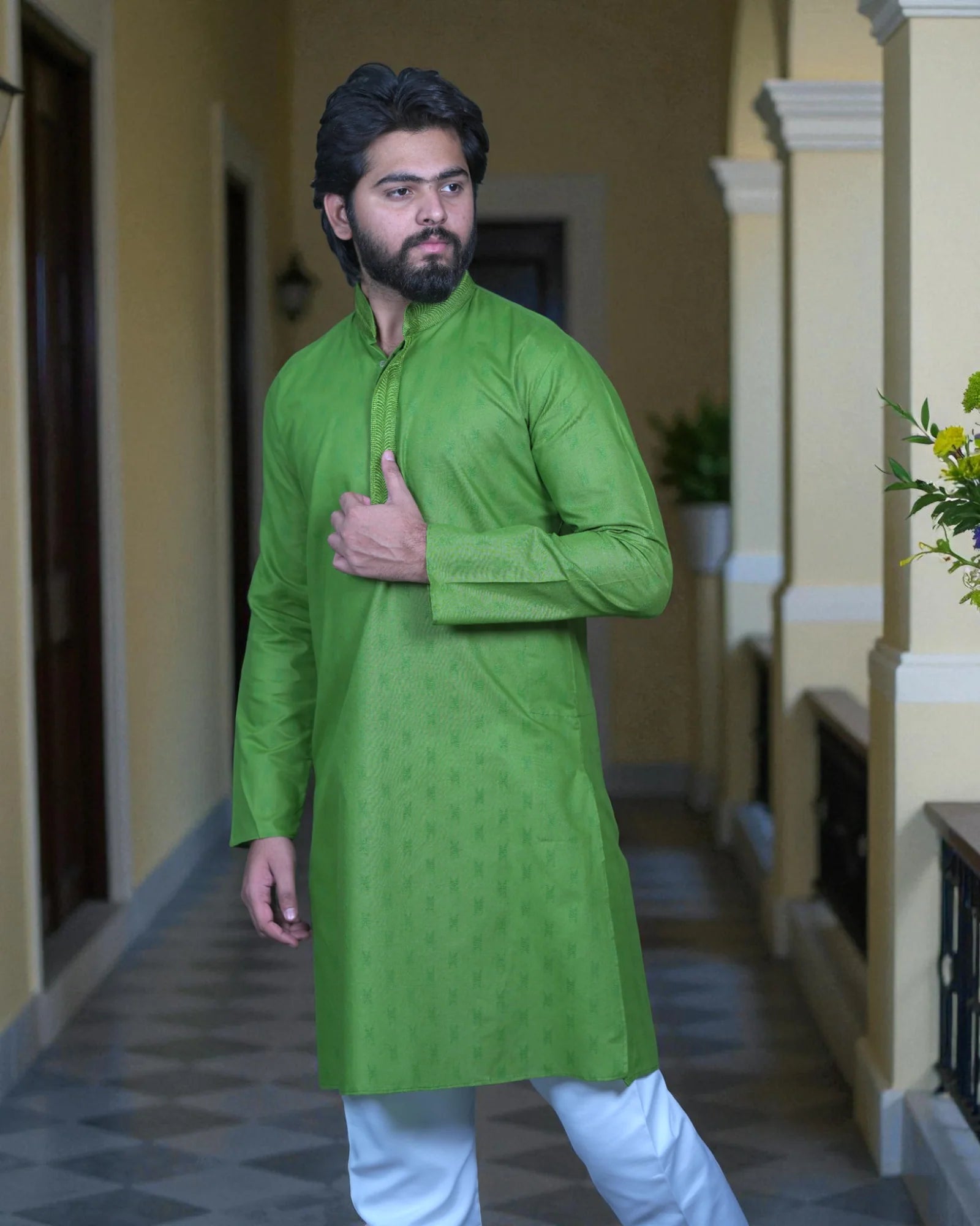Cotton Thread Embroidered Men Kurta Pajama Set
