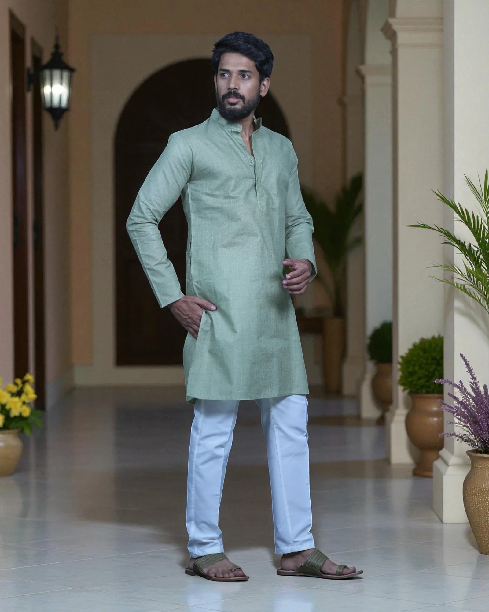 Blue Cotton Plain Kurta Pajama Set
