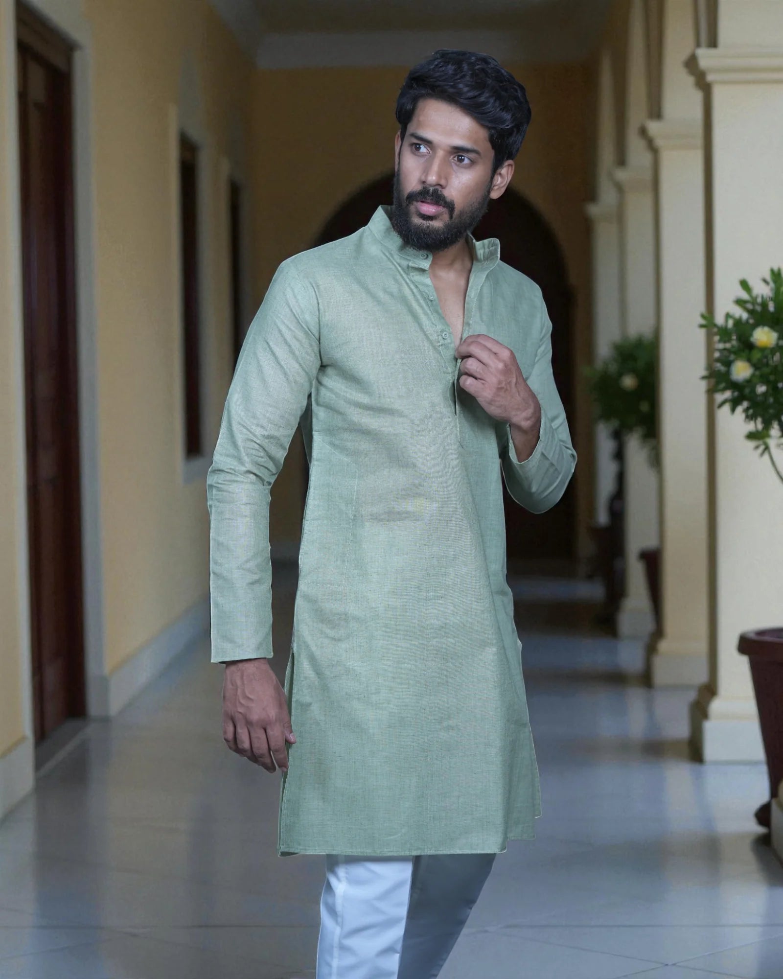 Blue Cotton Plain Kurta Pajama Set