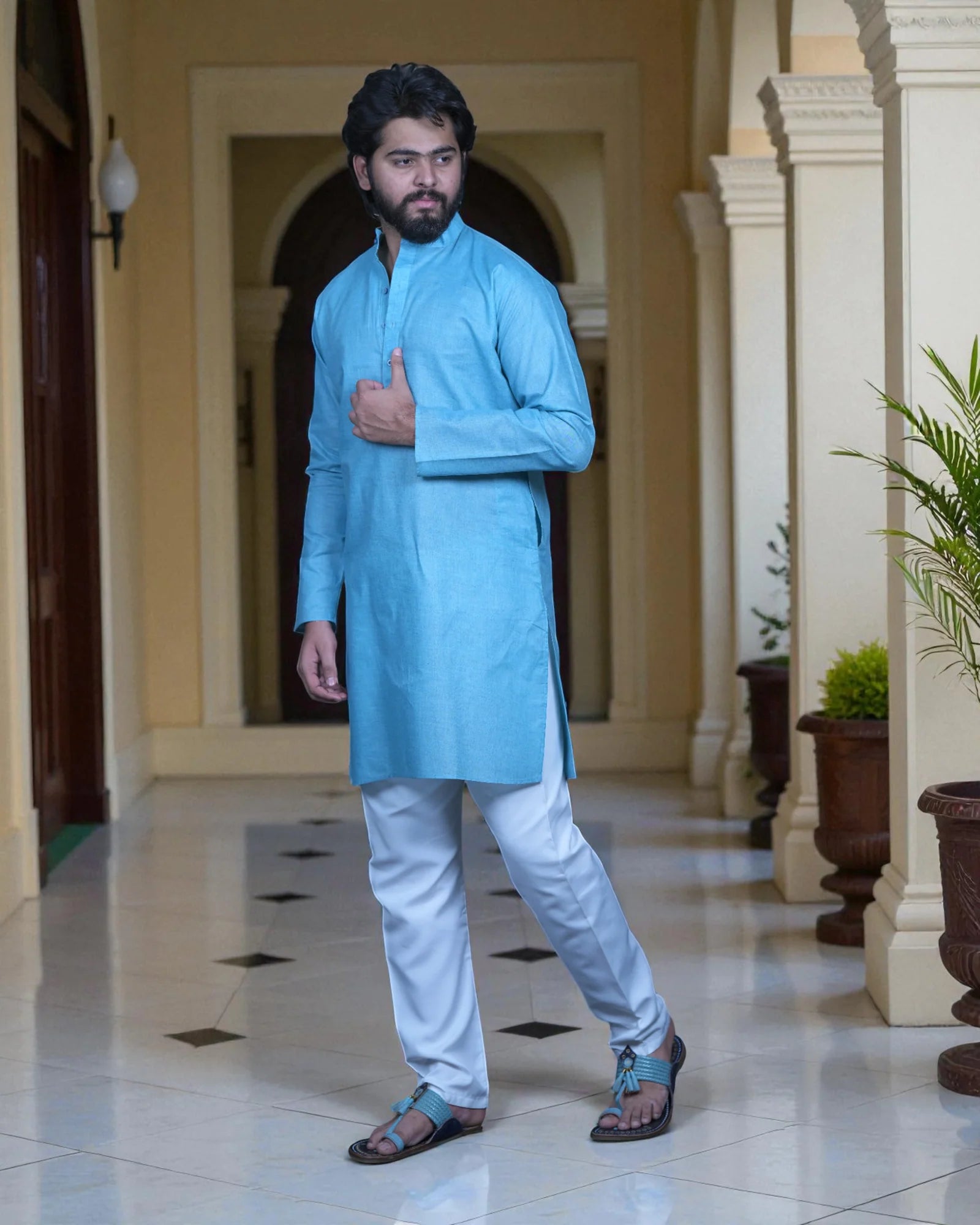 Blue Cotton Plain Kurta Pajama Set
