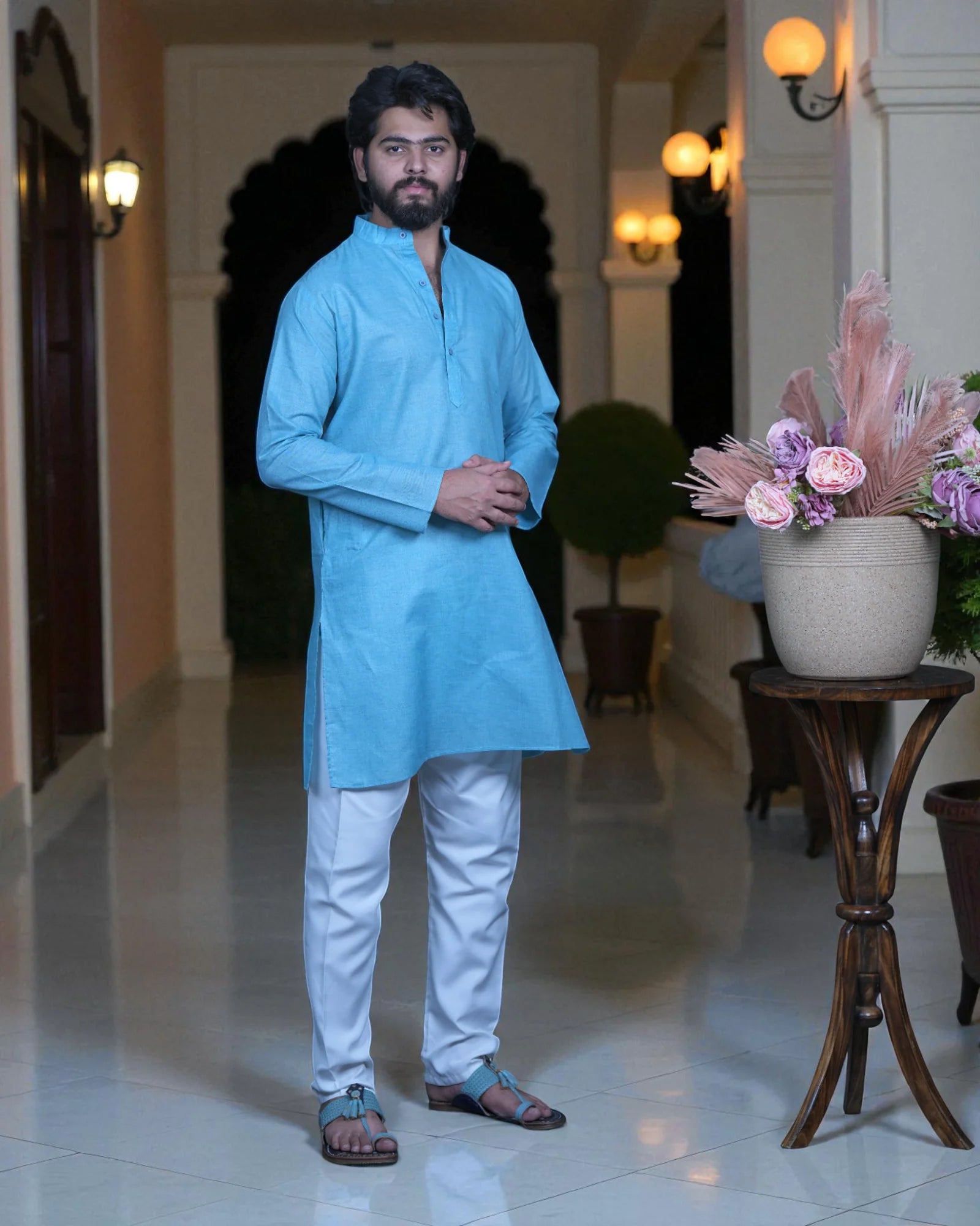 Blue Cotton Plain Kurta Pajama Set