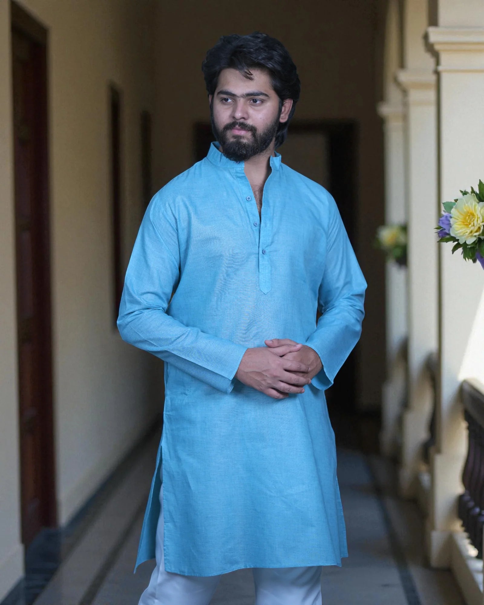 Blue Cotton Plain Kurta Pajama Set