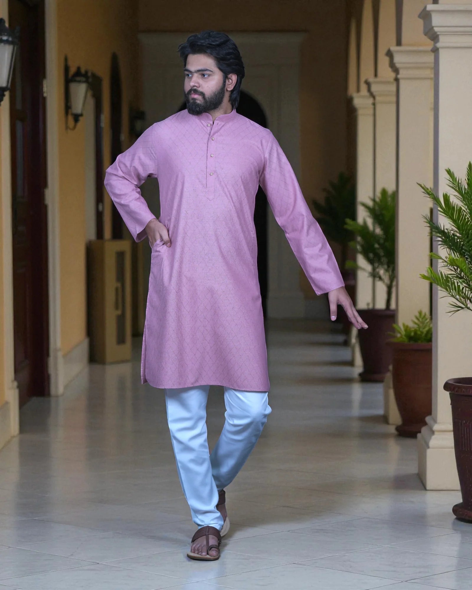 Cotton Blend Fine Embroidered Kurta Pajama Set