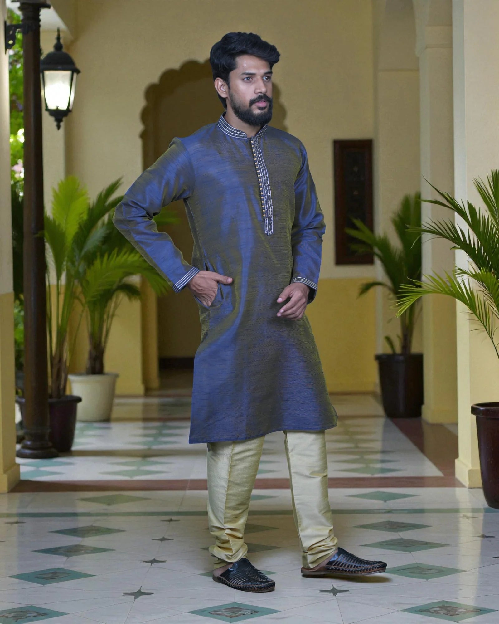 Tusser Silk Khadi Embroidered Kurta Pajama Set
