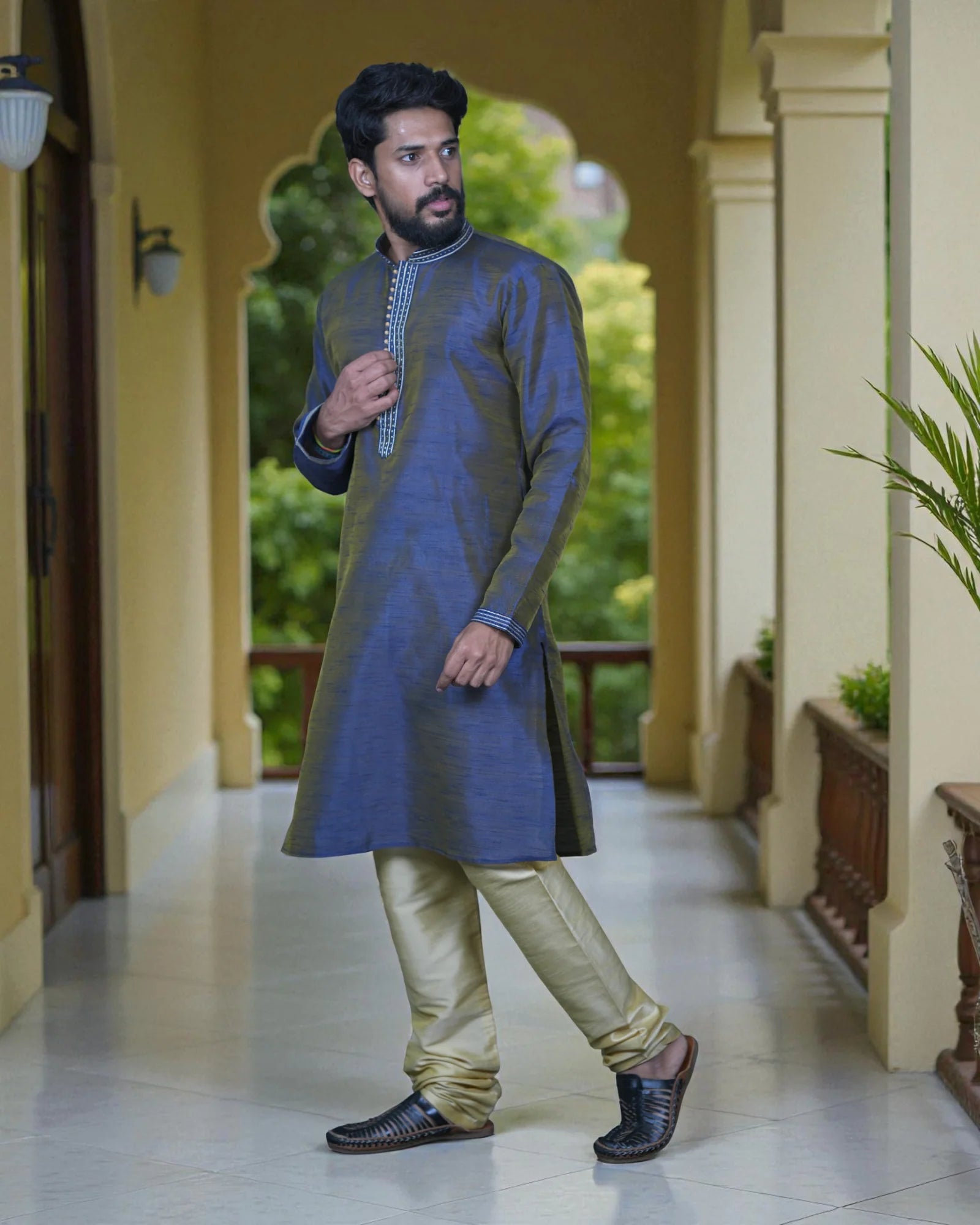 Tusser Silk Khadi Embroidered Kurta Pajama Set