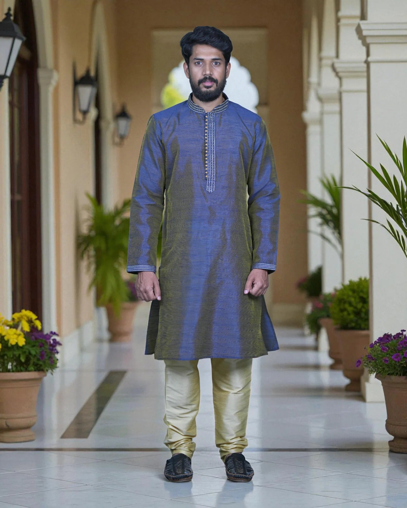 Tusser Silk Khadi Embroidered Kurta Pajama Set