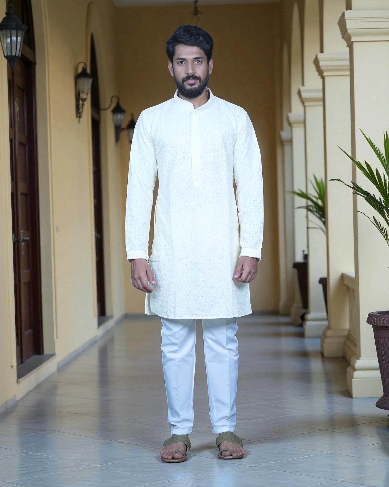 Men Cotton Blend Kurta Pajama with Embroidery