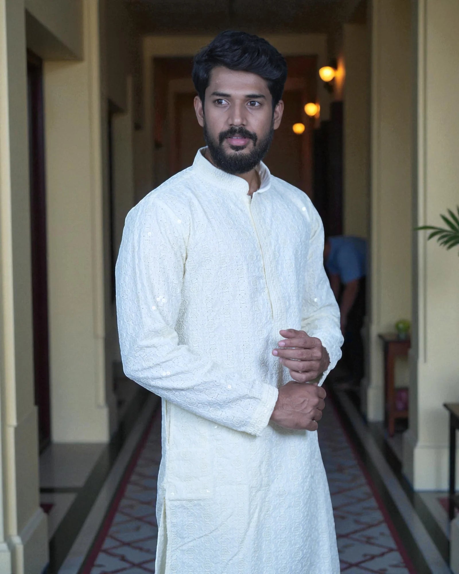 Men Cotton Blend Kurta Pajama with Embroidery