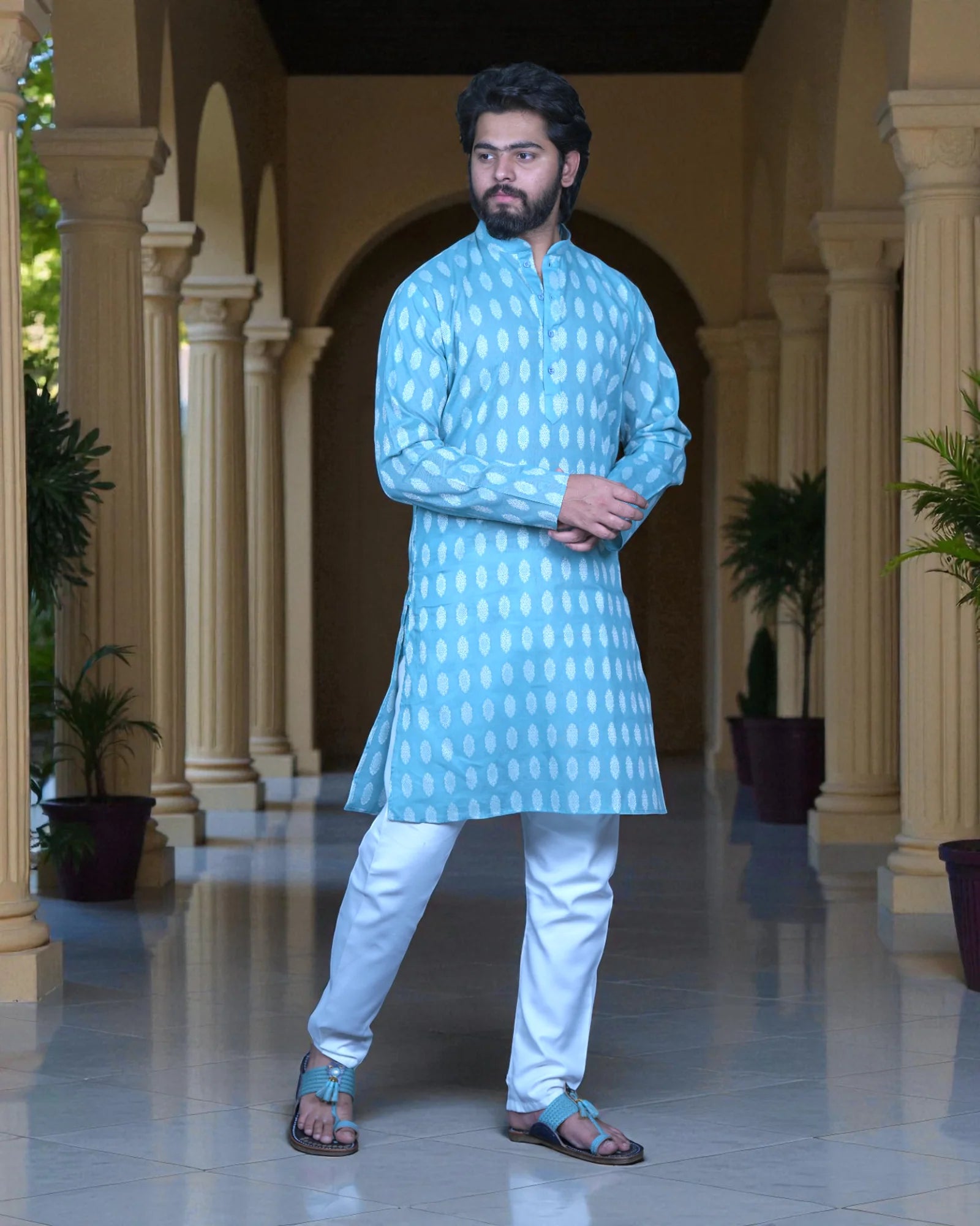 Cotton Blend Embroidered Kurta Pajama Set
