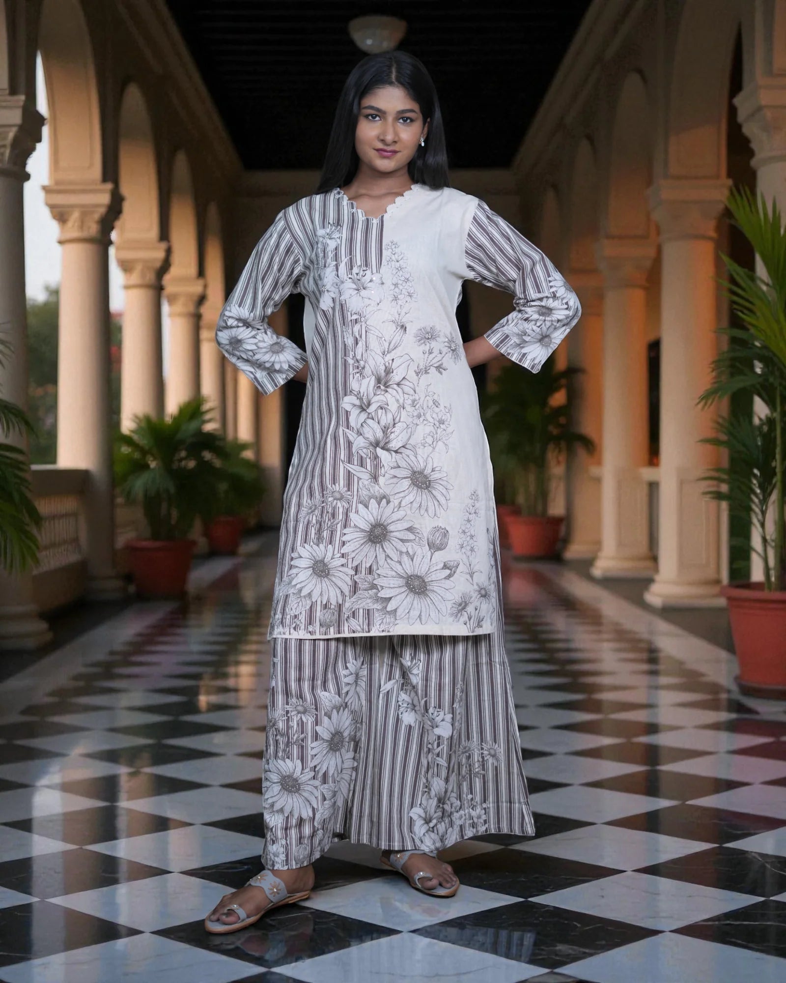 Floral Printed Kadhi Cotton Co-Ord Set