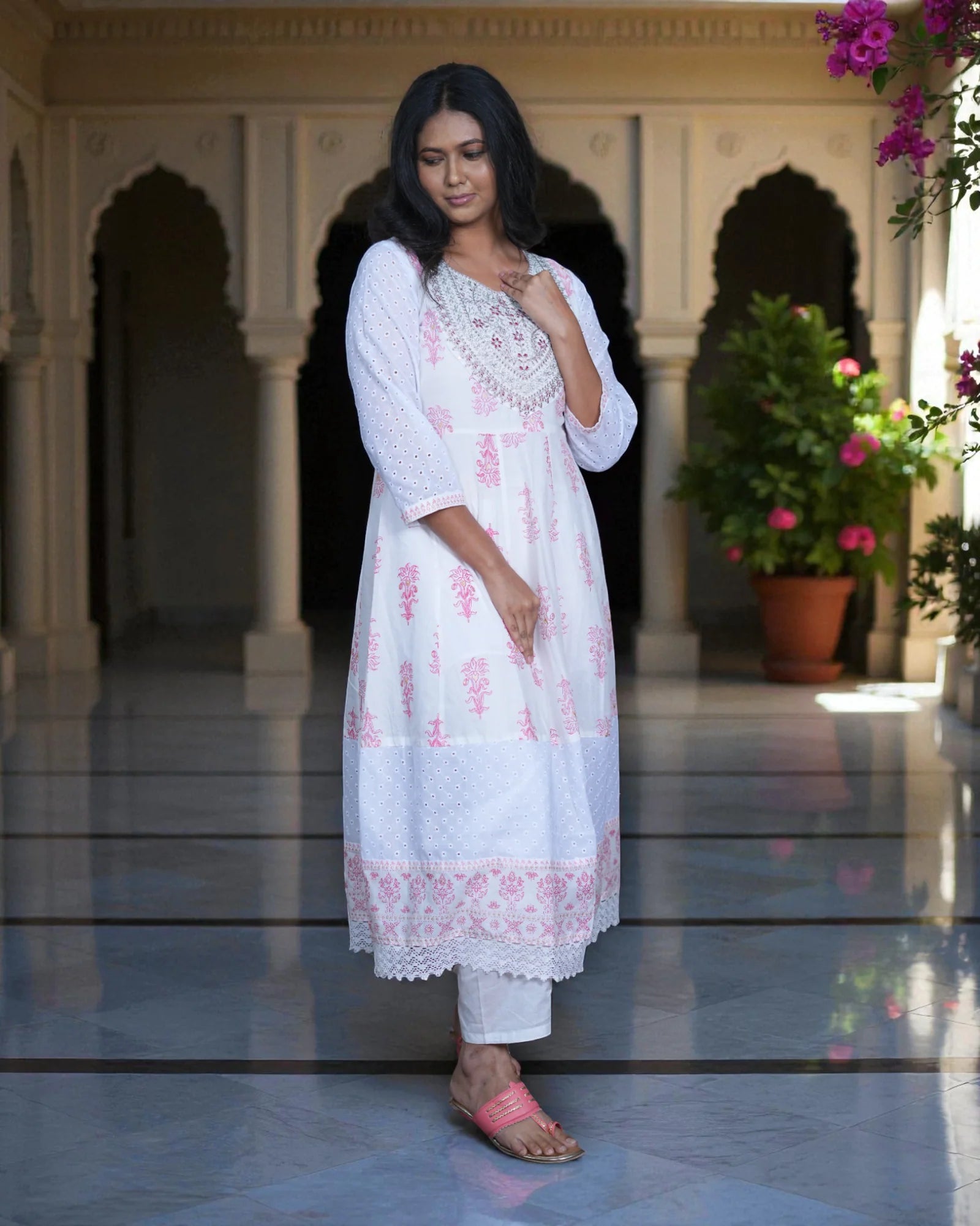Floral Cotton Anarkali With Embroidery