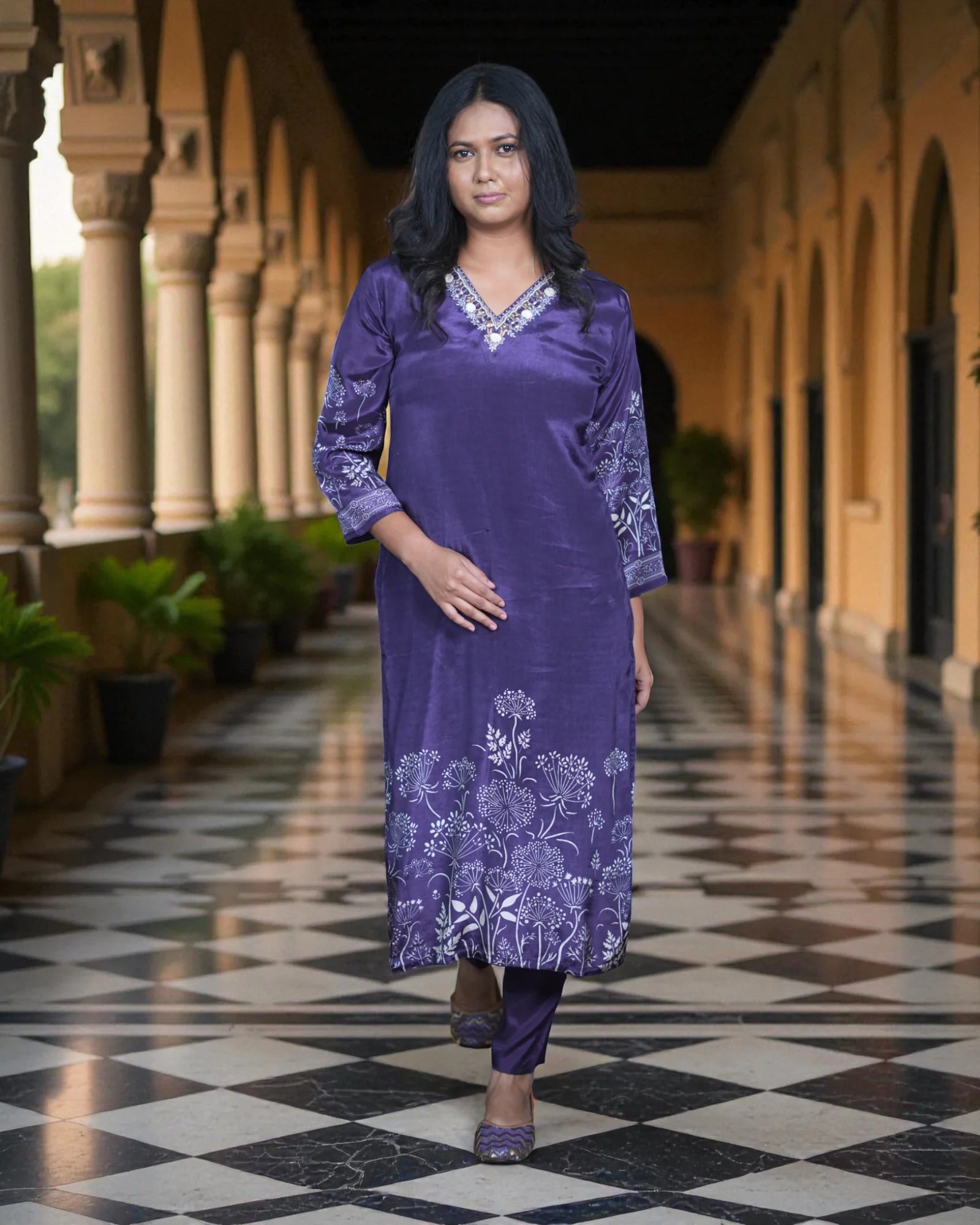 Floral Satin Embroidered Kurta Set