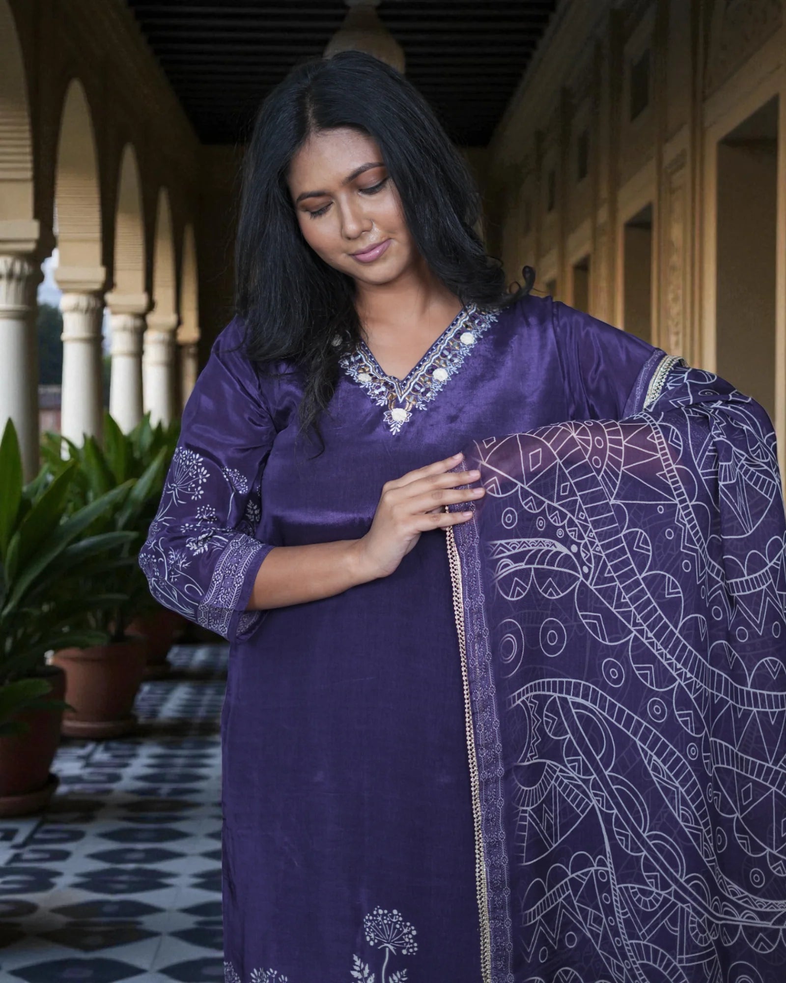 Floral Satin Embroidered Kurta Set