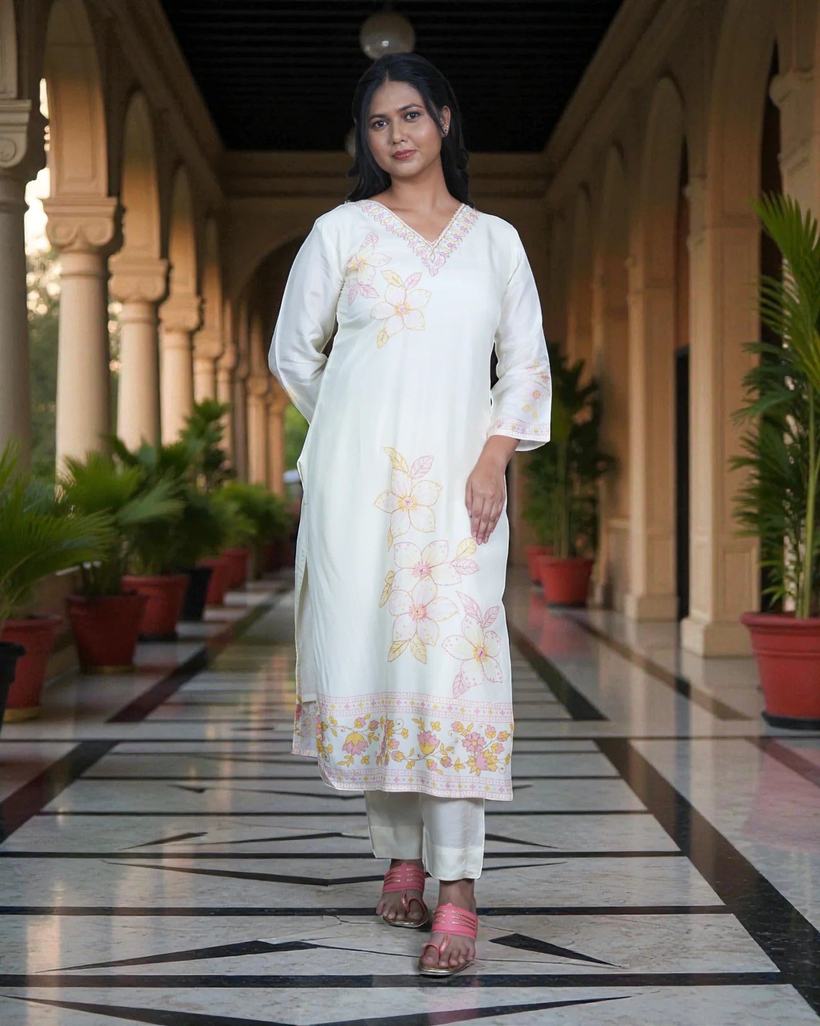 Floral Embroidered Silk Kurta Set