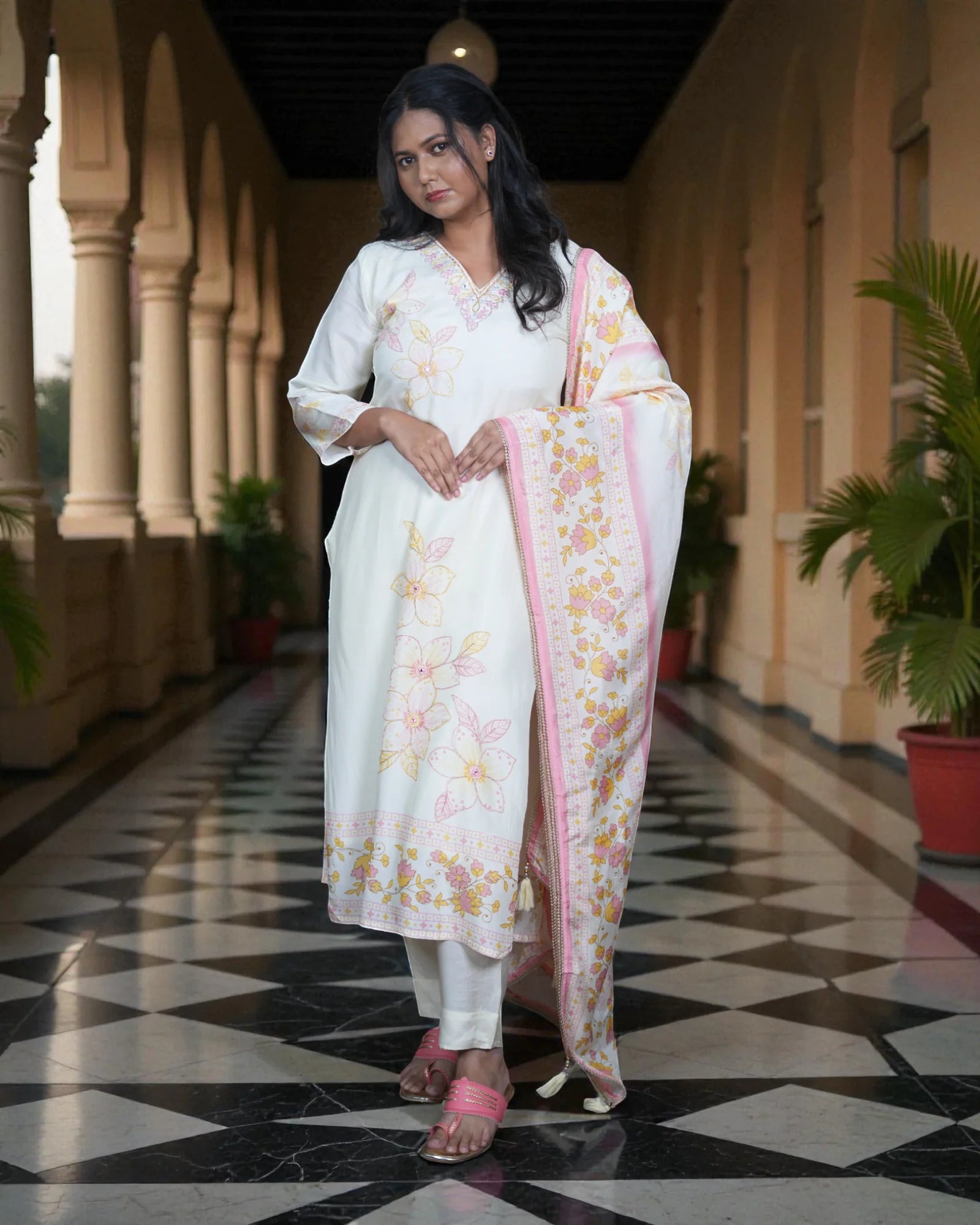 Floral Embroidered Silk Kurta Set