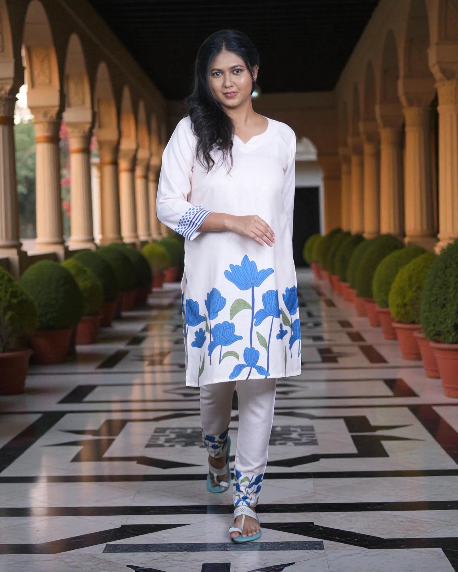 Floral Cotton Embroidered Ankle Pants Co-Ord Set