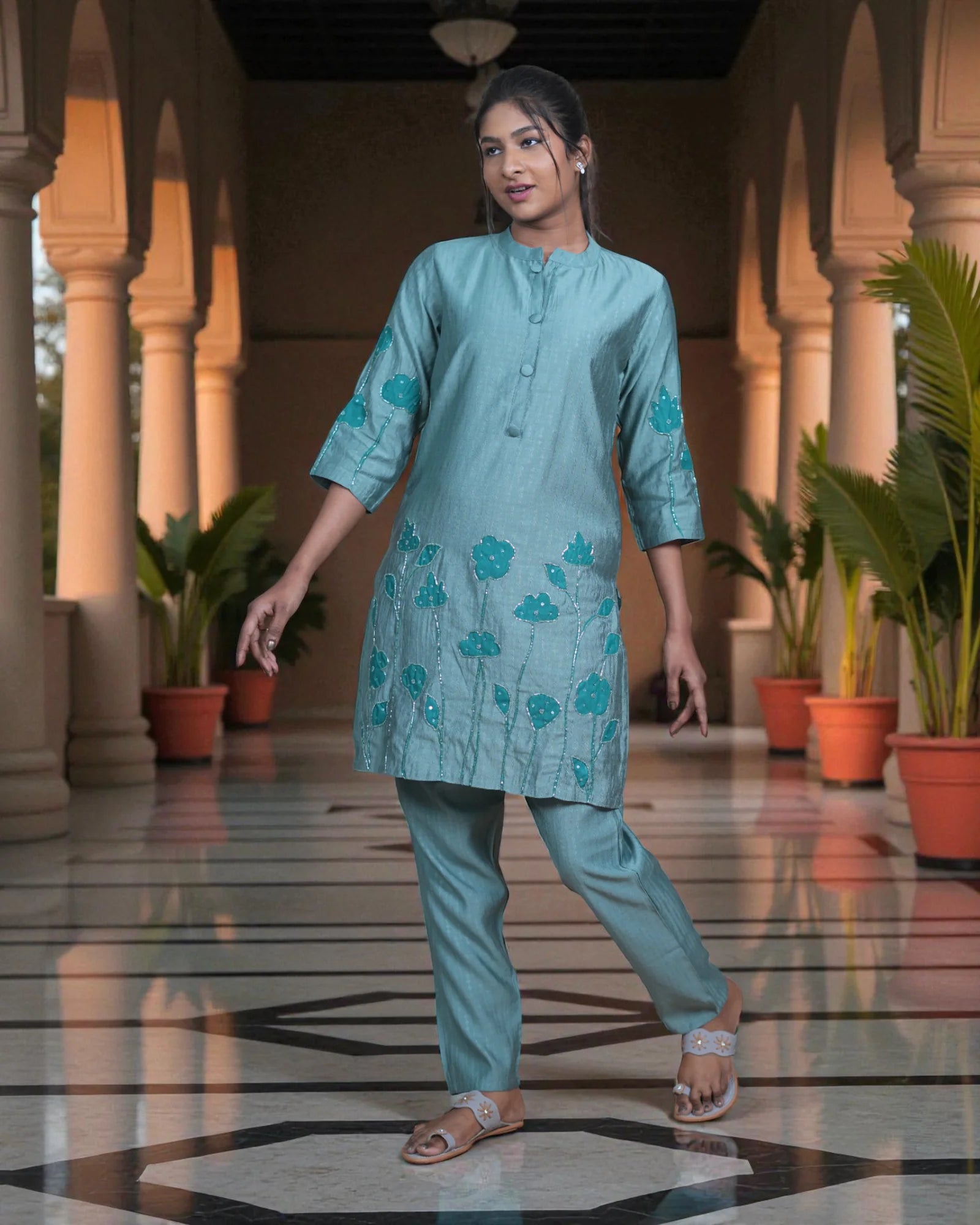 Ivory Chanderi Silk Printed Saree Set