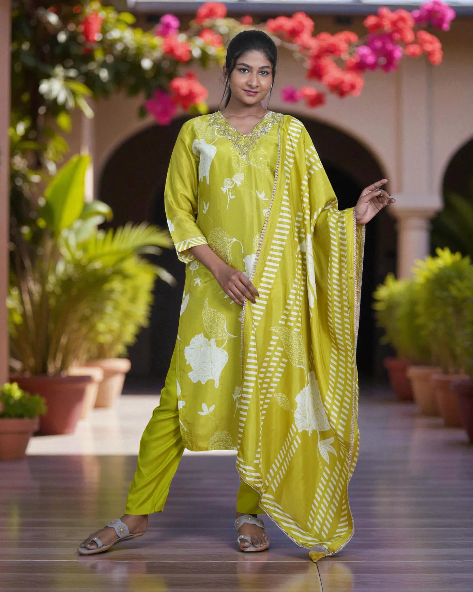Floral Zardozi Beadwork Cotton Kurta Set