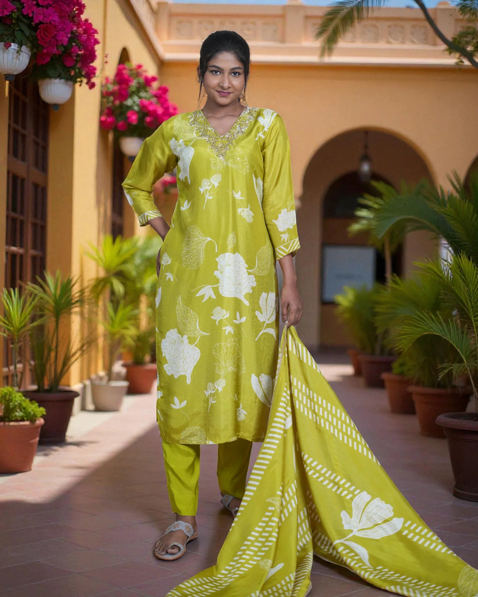 Floral Zardozi Beadwork Cotton Kurta Set